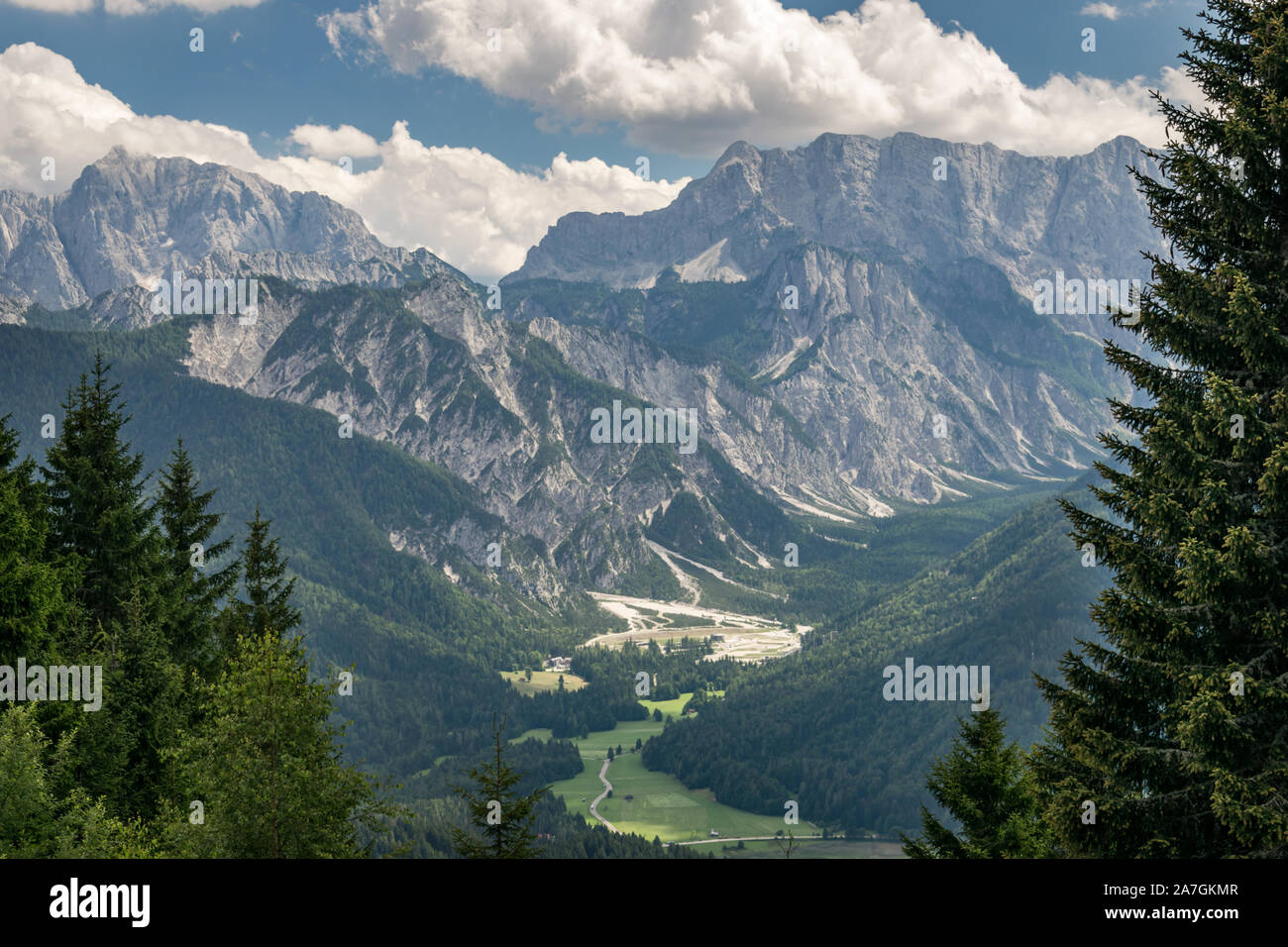 View of Triglav Mountain in the Julian Alps, Slovenia as seen from Tromeja: the triple point of Austria, Italy and Slovenia. Stock Photo