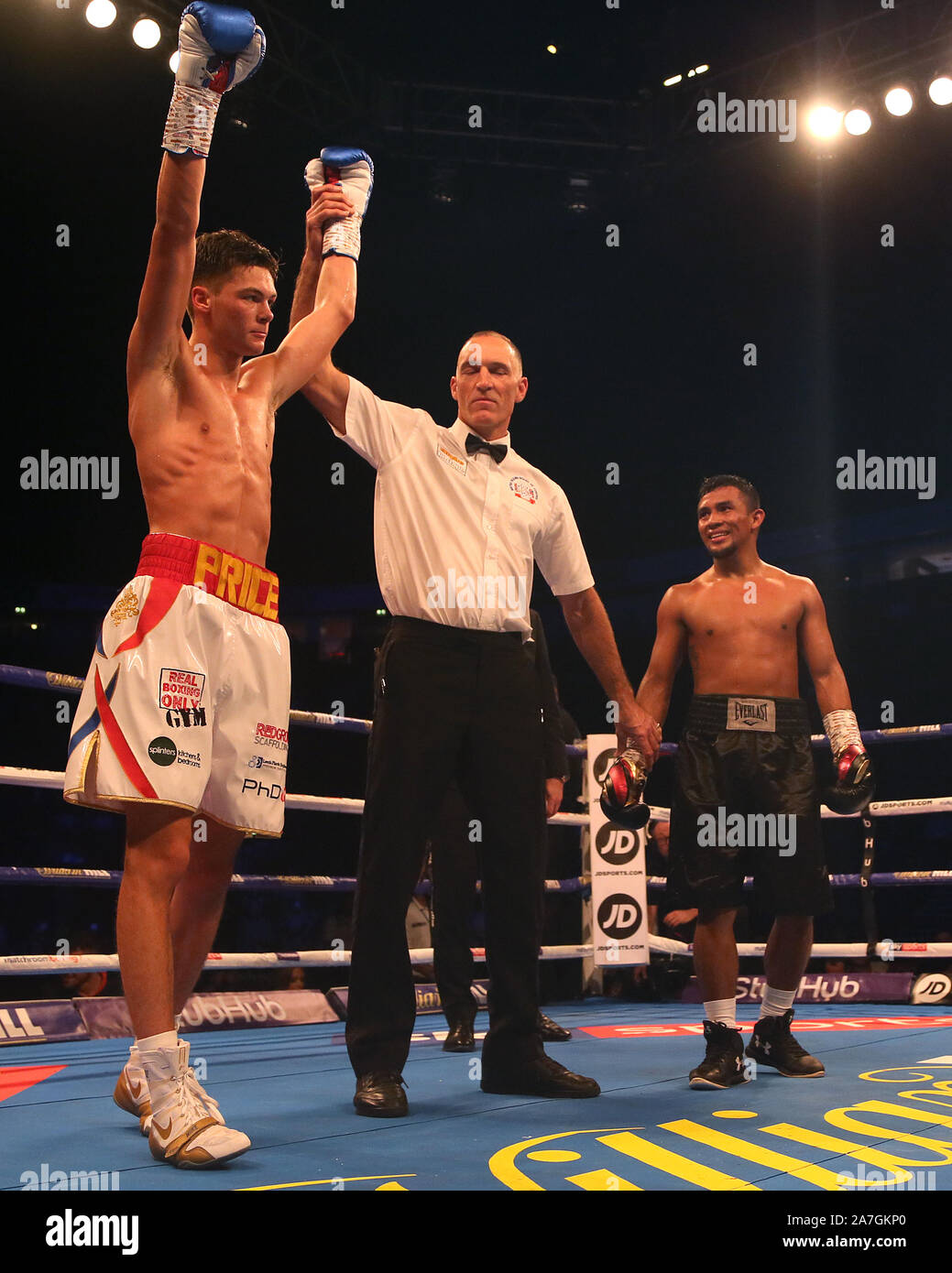 Hopey Price after victory over Joel Sanchez in their Super-Bantamweight contest at Manchester Arena, Manchester. Stock Photo