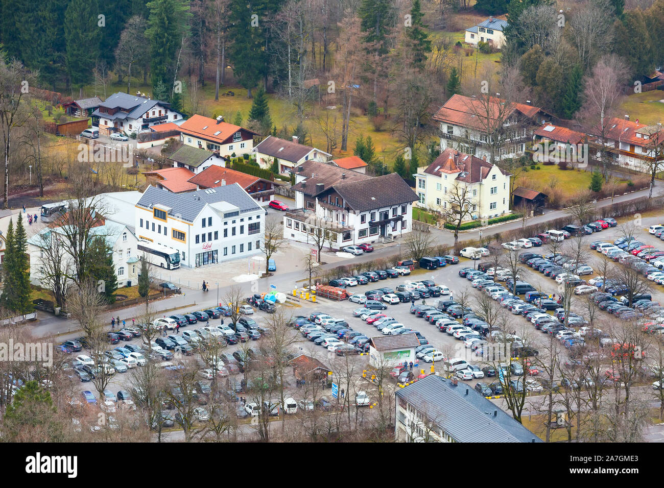 Fussen, Germany December 27, 2016 Traditional bavarian houses aerial street view and car