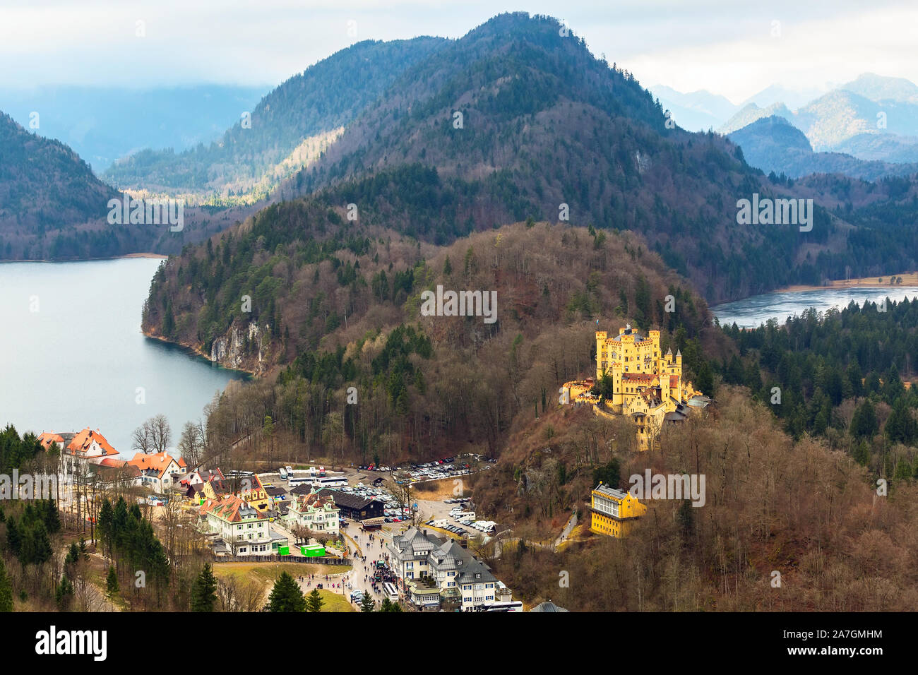 Hohenschwangau Castle Schloss aerial view with lake and bavarian alps, Fussen, Bavaria, Germany Stock Photo