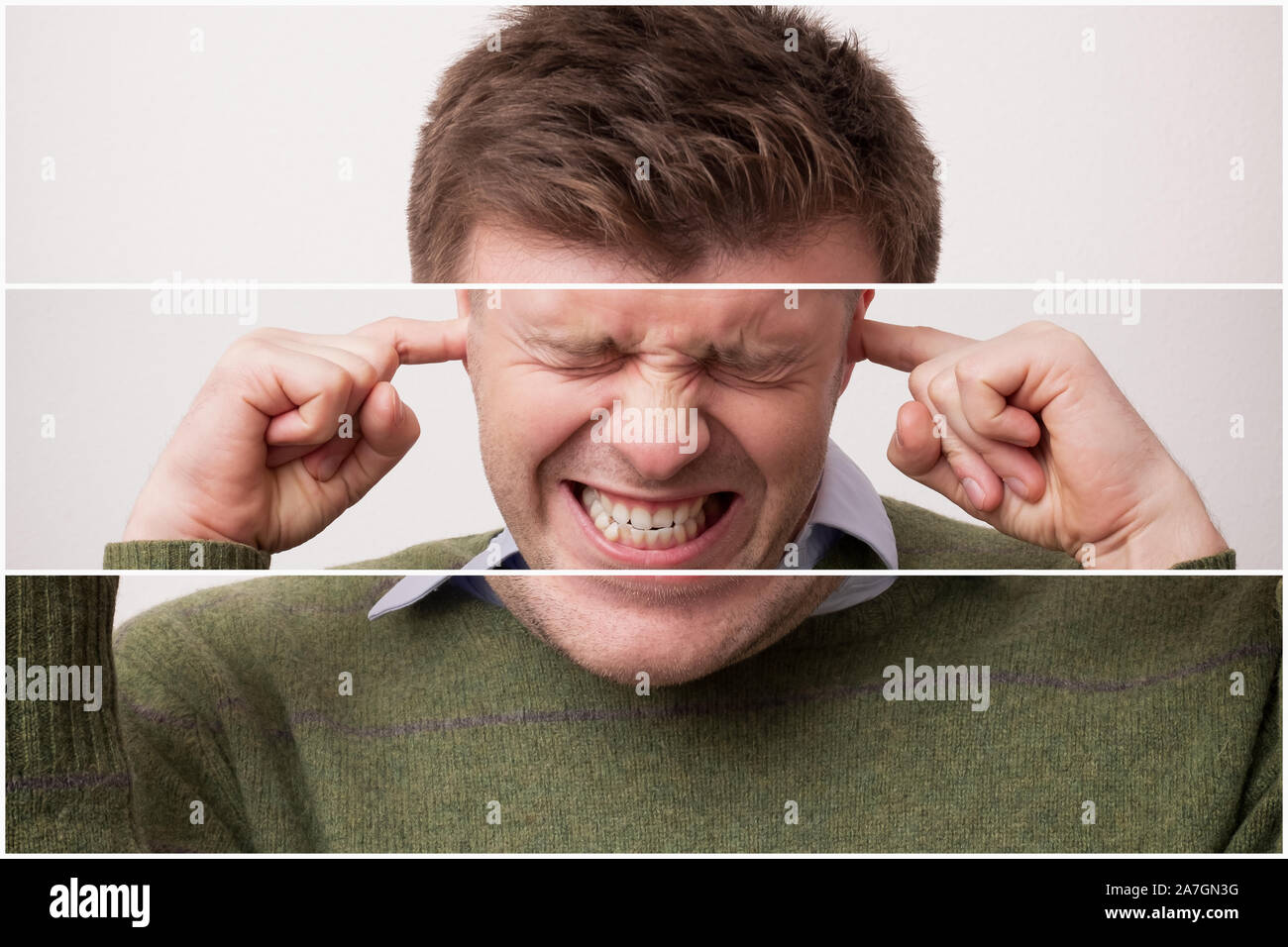 Triptych of stressed young man closing ears. Studio shot Stock Photo
