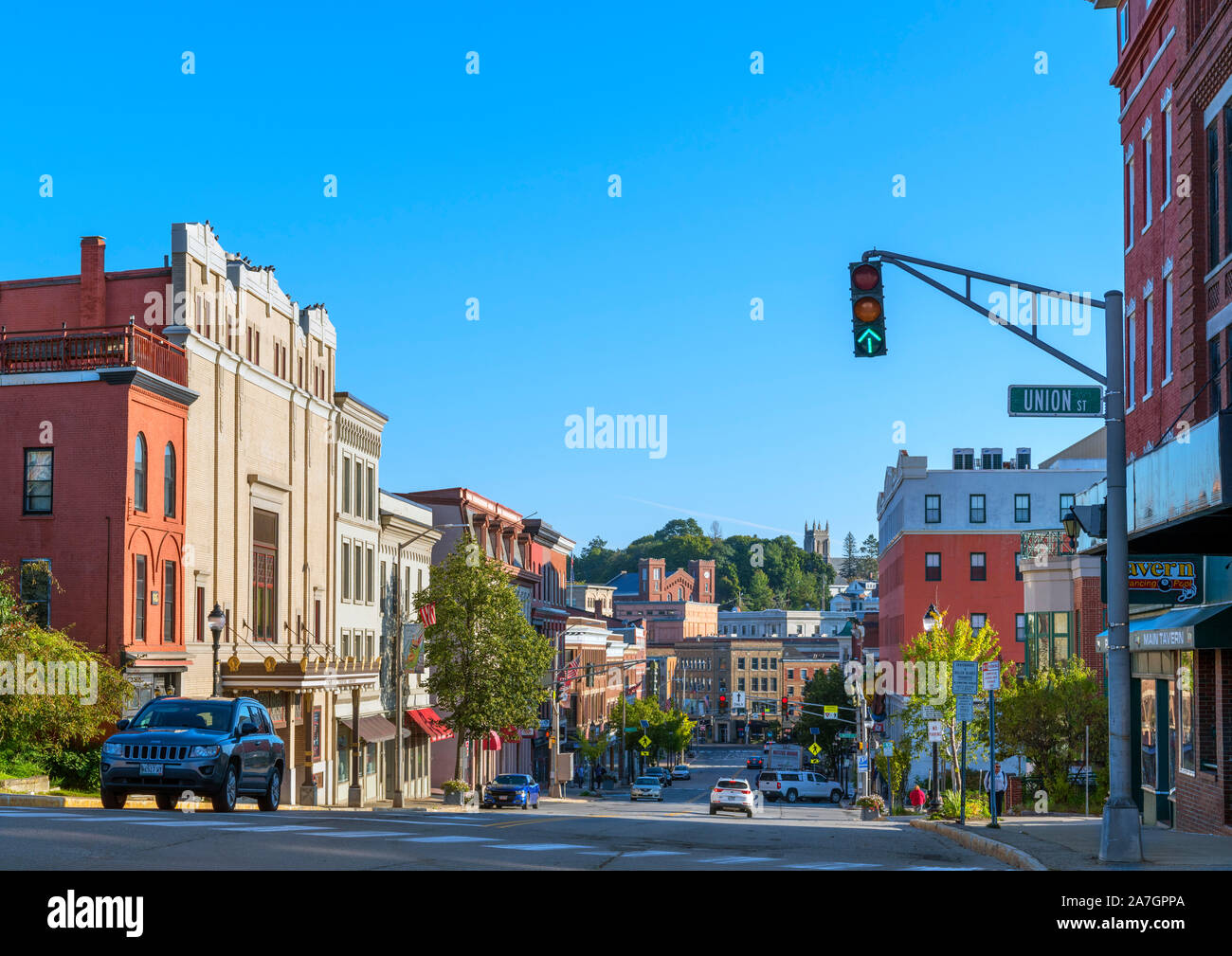 Main Street in downtown Bangor, Maine, USA. The Bangor Opera House is on the left. Stock Photo