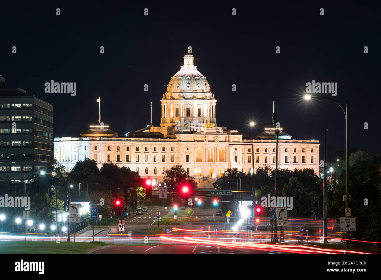 Facade of the Minnesota State Capitol Building in St Paul at night Stock Photo