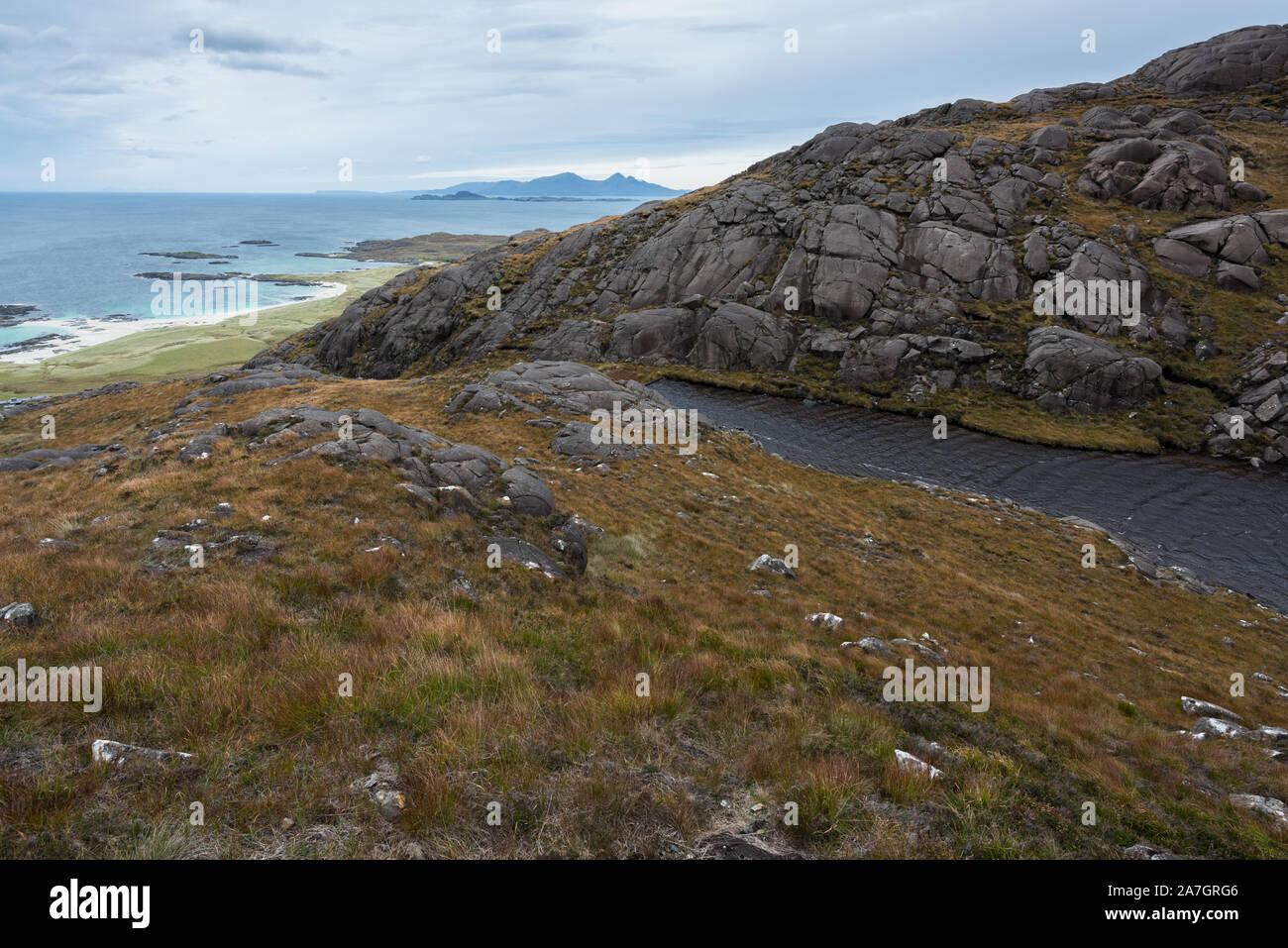 Sann Bay and Isle of Rum from Ardnamurchan peninsula, Scotland Stock Photo