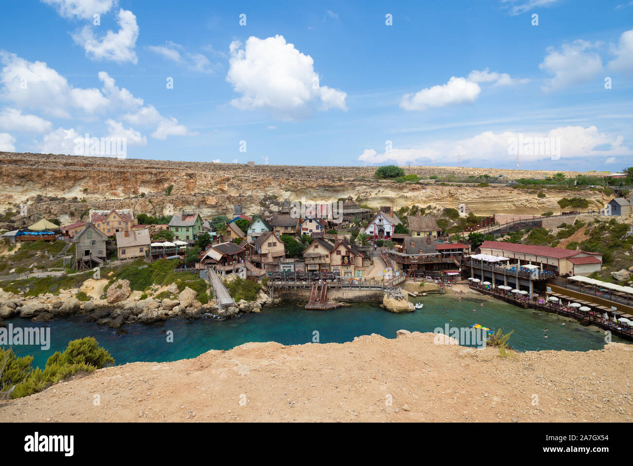 Il-Mellieha, Malta - September 5, 2019: Colorful Popeye Village view. The Popeye Village at Achor Bay is the most popular Tourist attraction in Malta. Stock Photo