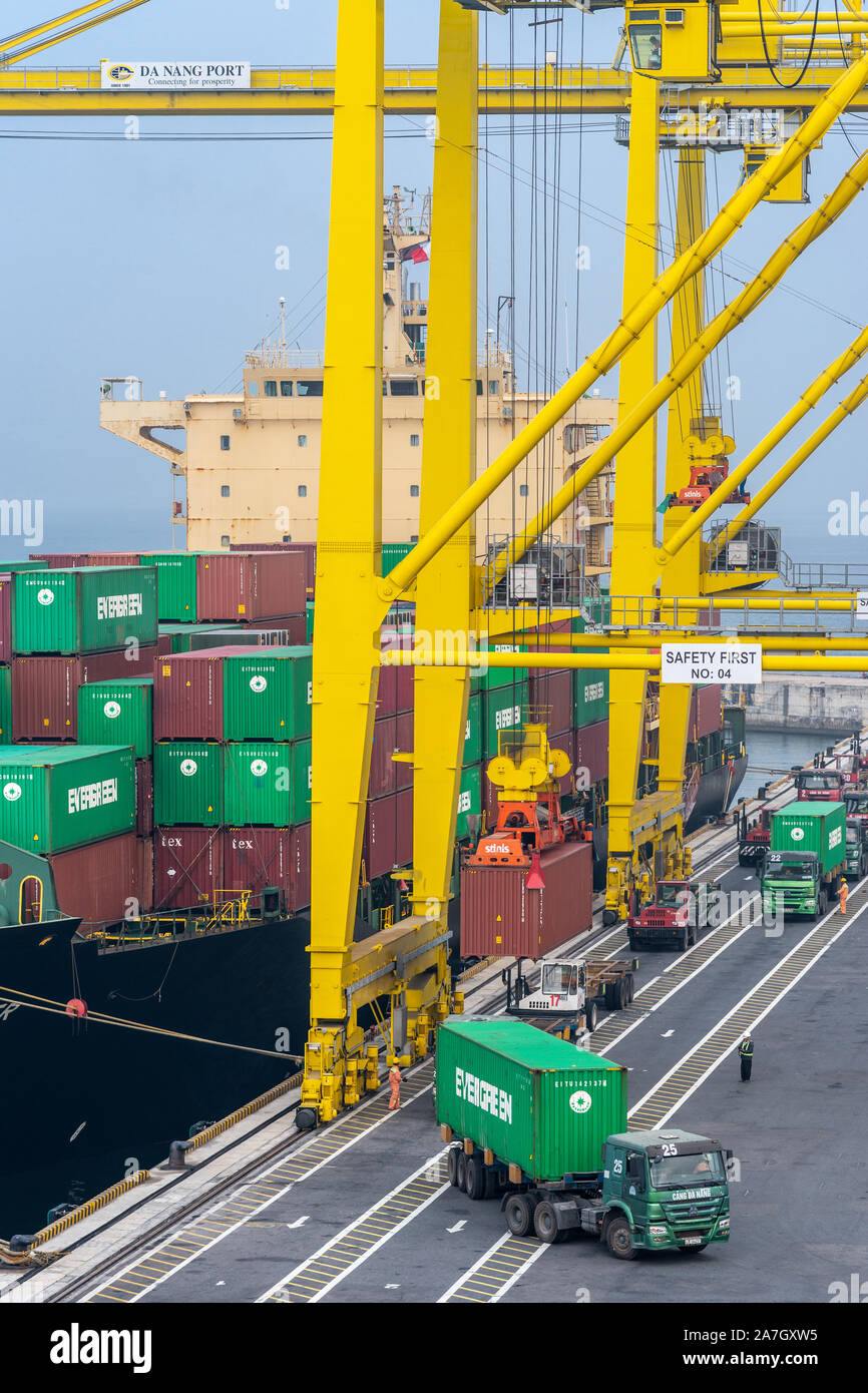 Sebapinter Ship Da Nang, Vietnam - March 10, 2019: Tien Sa Port in Da Nang Bay. Trucks ...