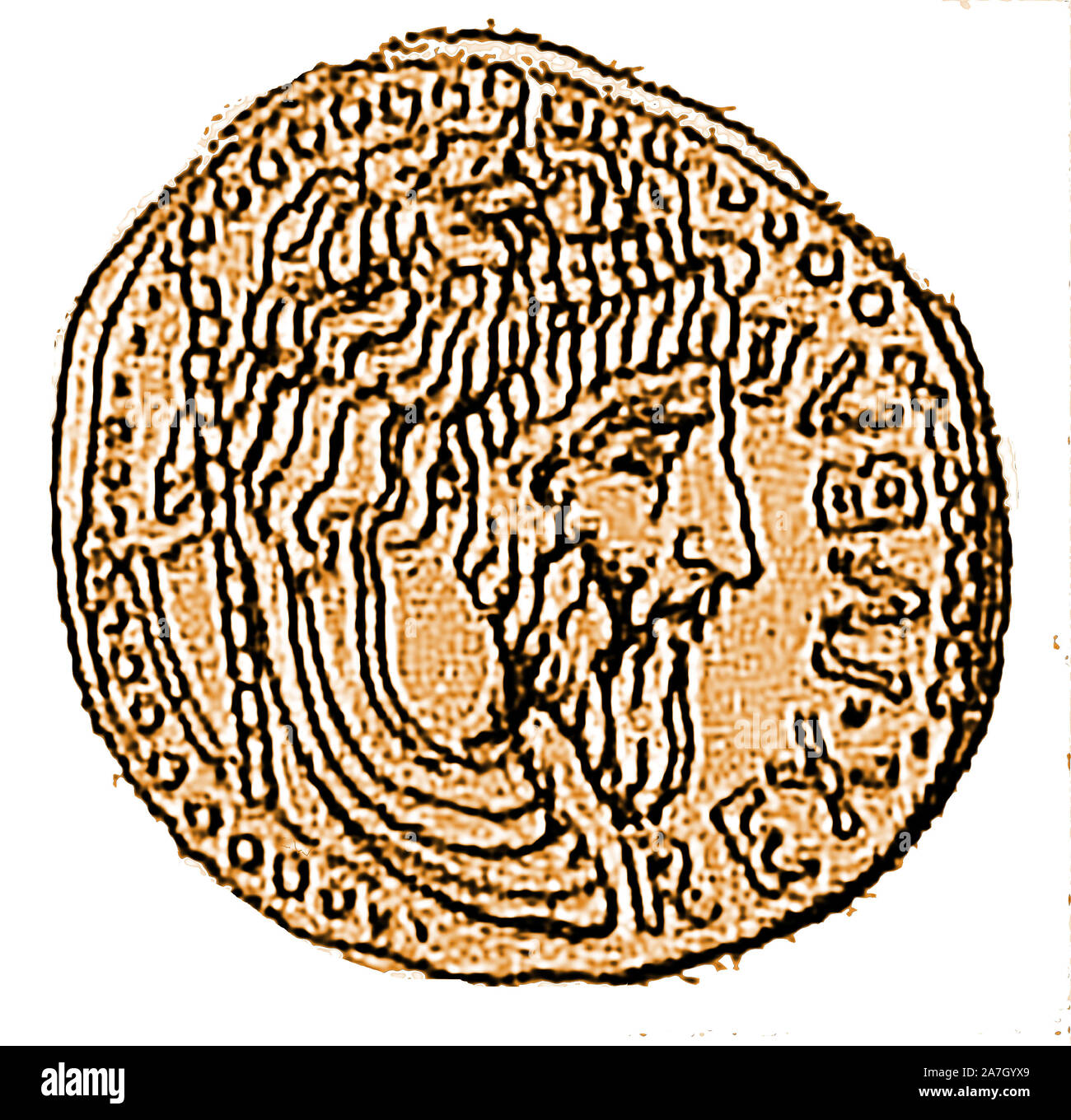 A coin portrait of King Juba I of Numidia, Africa during Roman ascendancy. He was father of the King of Numidia and later Mauretania, Juba II (50/52 BC – AD 23), father-in-law of Juba II’s wives Greek Ptolemaic princess Cleopatra Selene II , Cappodocian princess Glaphyra and paternal grandfather to King Ptolemy of Mauretania  and the princess Drusilla of Mauretania the Elder Stock Photo