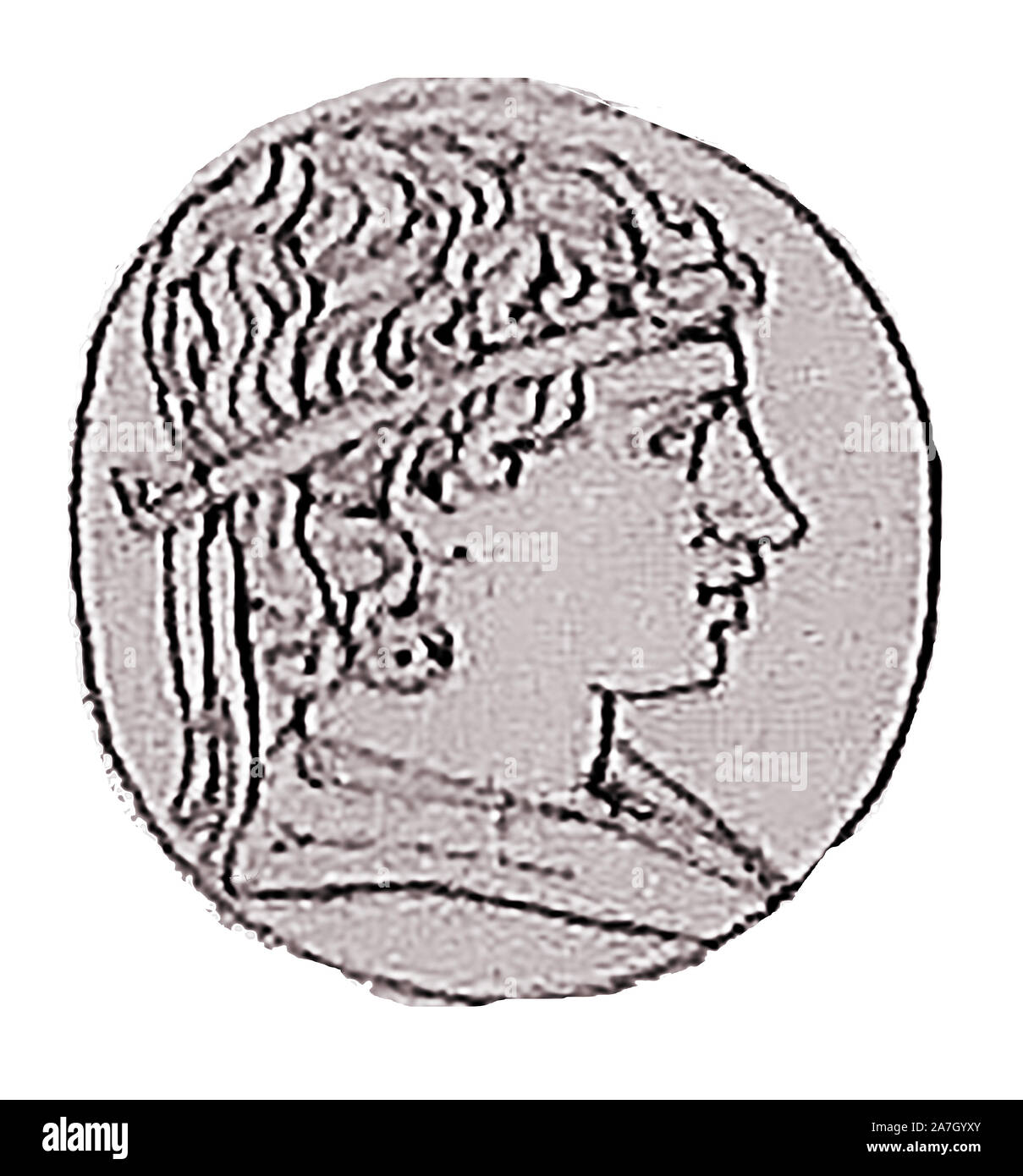 A coin portrait of King Juba II  (aka Luba)  of Numidia, (Mauretania) Africa, during the Roman ascendancy. His first wife was Cleopatra Selene II, daughter of the Greek Ptolemaic Queen Cleopatra VII of Egypt and  Mark Antony.When Juba II and Cleopatra Selene moved to Mauretania, they renamed their new capital Caesaria (now Cherchell, Algeria). Juba  was a prolific author  writing  in Greek and Latin about  history, natural history, geography, grammar, and the arts. Stock Photo
