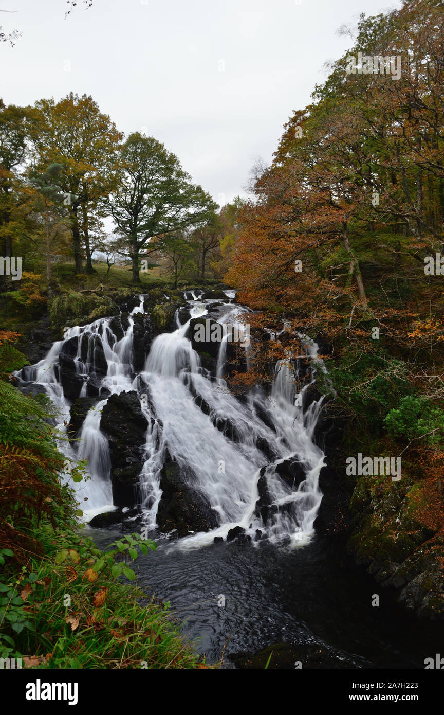 Swallow Falls, Betws-y-Coed, North Wales, Snowdonia, UK - October 2019: Autumnal trees and waterfalls in Welsh mountains. Stock Photo
