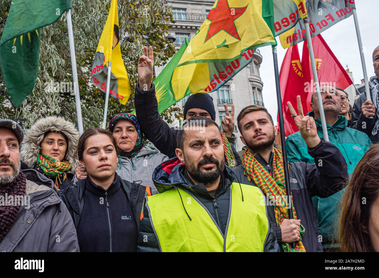 London, UK. 2nd November 2019. People make V sings at the rally. People ...