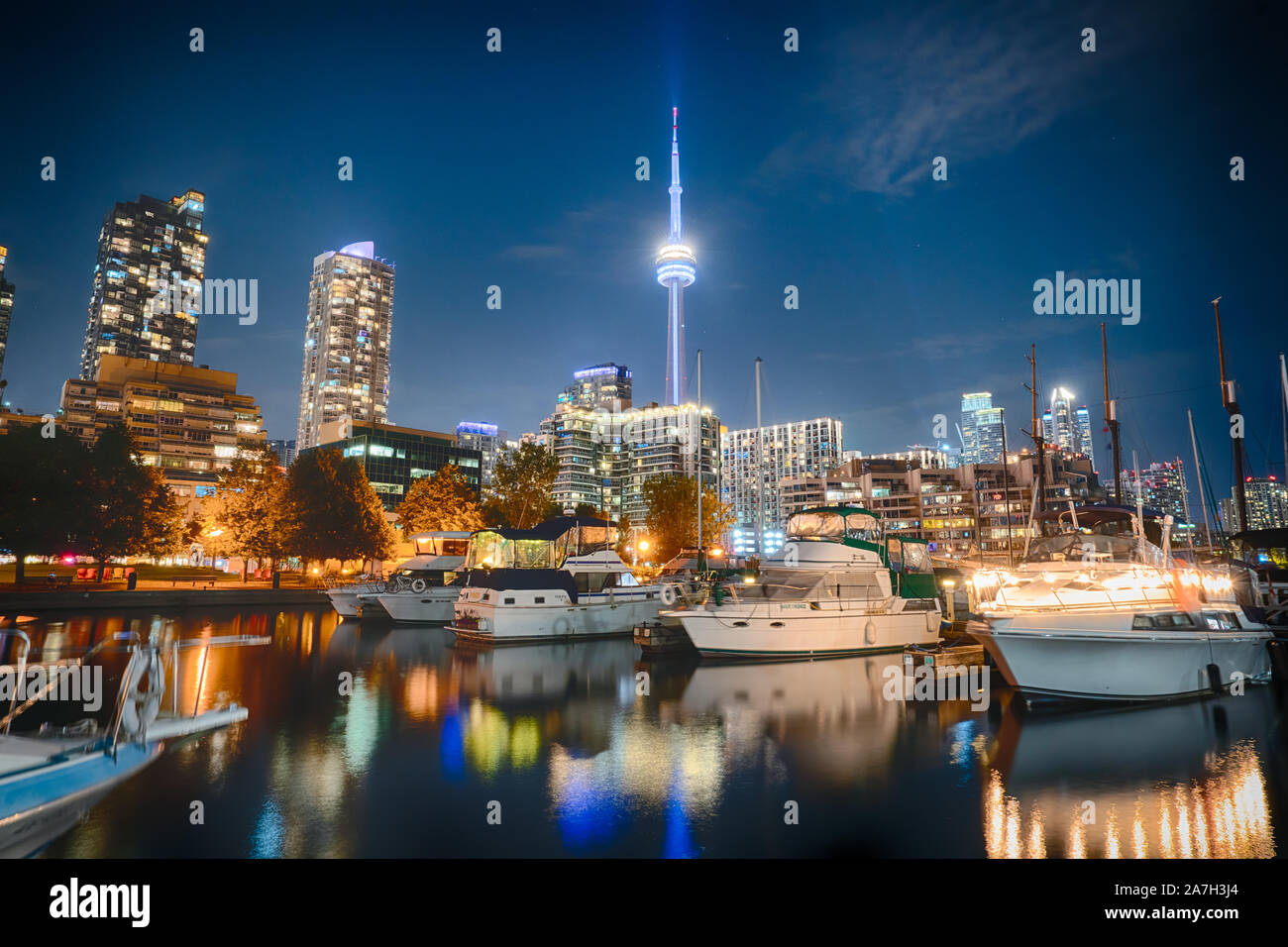 Night skyline of Toronto, Canada from Marina Quay West Stock Photo