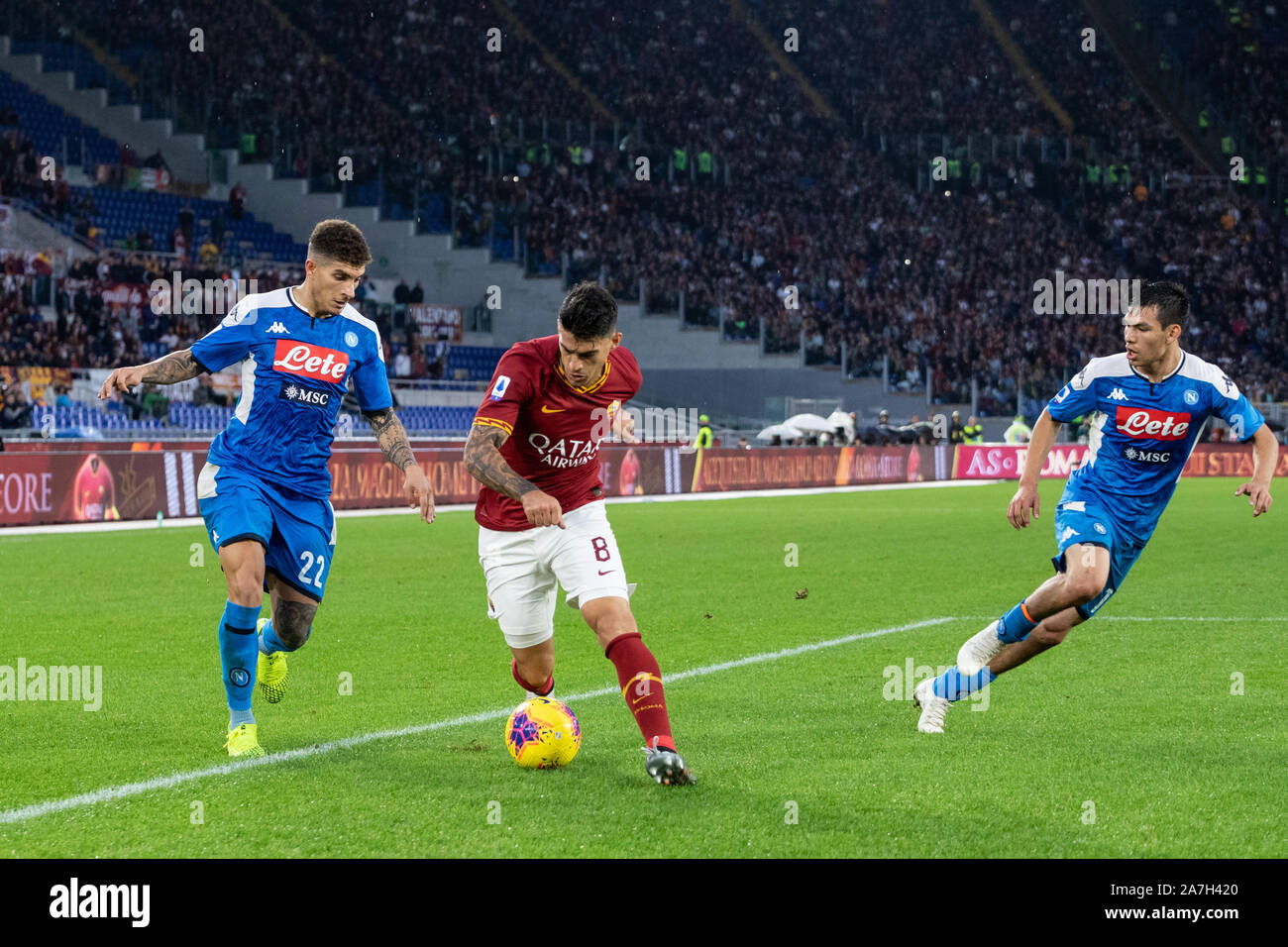 Diego Perotti of AS Roma seen in action during the Italian Serie A football match between AS Roma and SSC Napoli at the Olympic Stadium in Rome.(Final score; AS Roma 2:1 SSC Napoli) Stock Photo