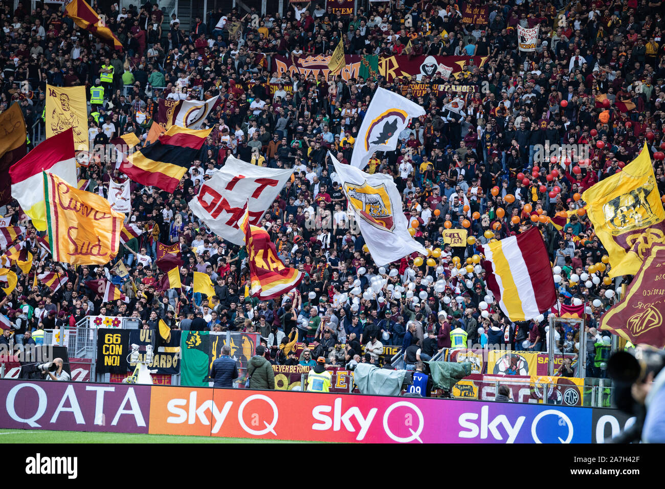 AS Roma supporters seen during the Italian Serie A football match between AS Roma and SSC Napoli at the Olympic Stadium in Rome.(Final score; AS Roma 2:1 SSC Napoli) Stock Photo