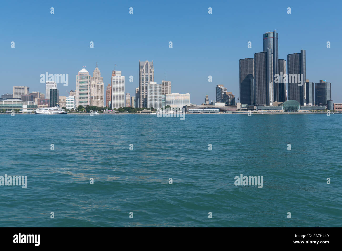 Skyline of Detroit, Michigan across the Detroit River Stock Photo