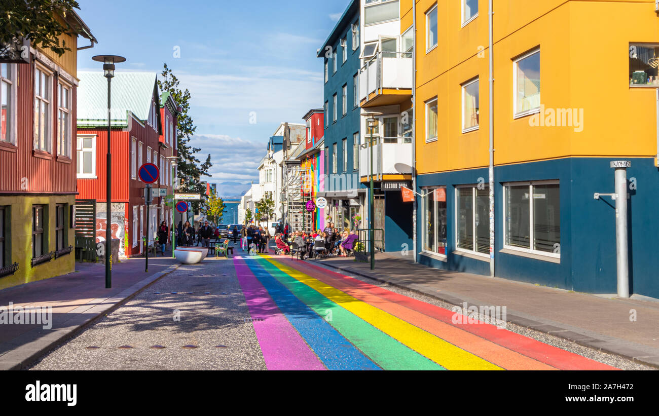 The Klapparstigur pedestrian street painted with the gay pride colors in Reykjavik, Iceland. Stock Photo