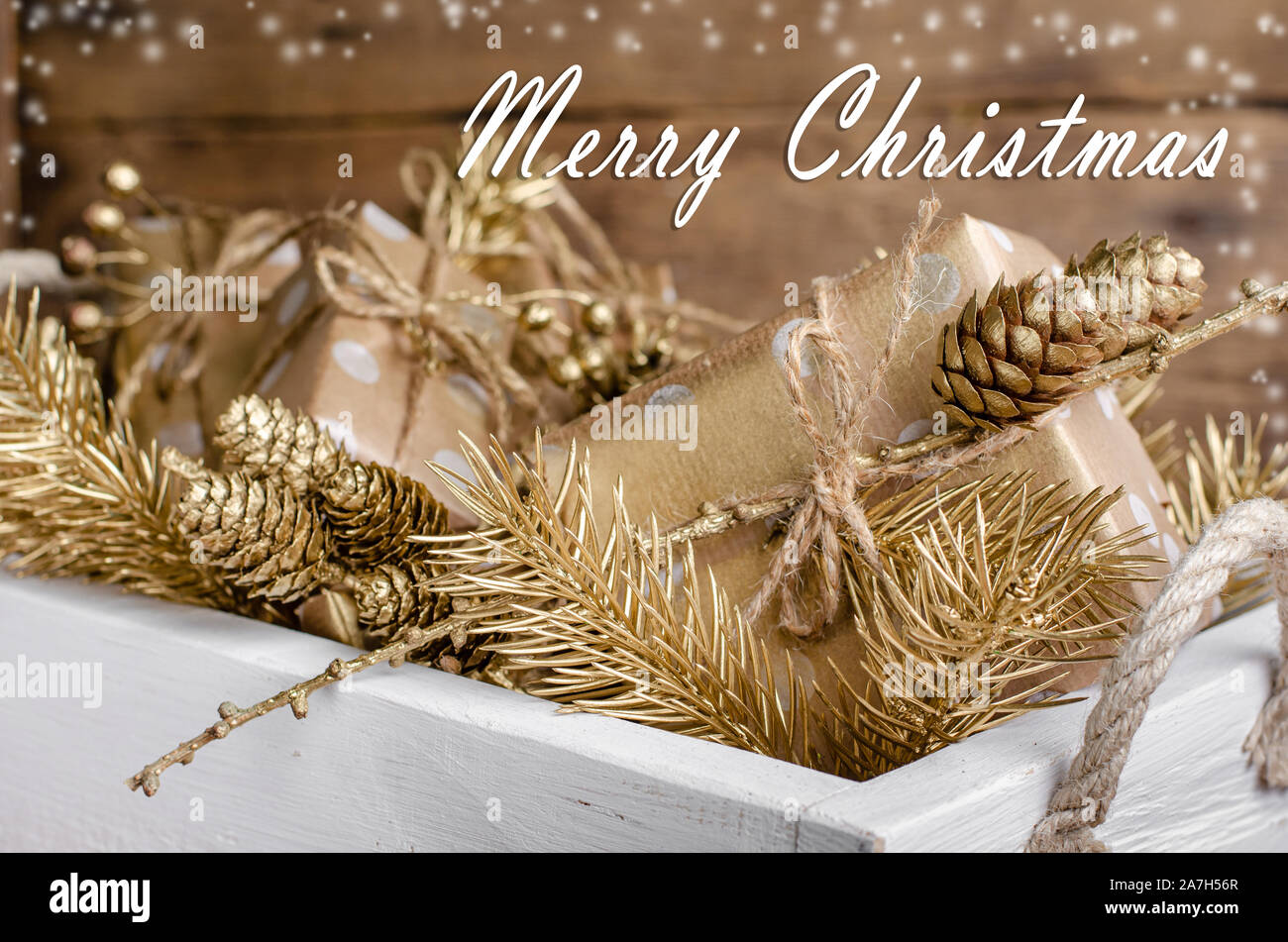 Christmas and New Year greeting card with golden gift boxes and ...