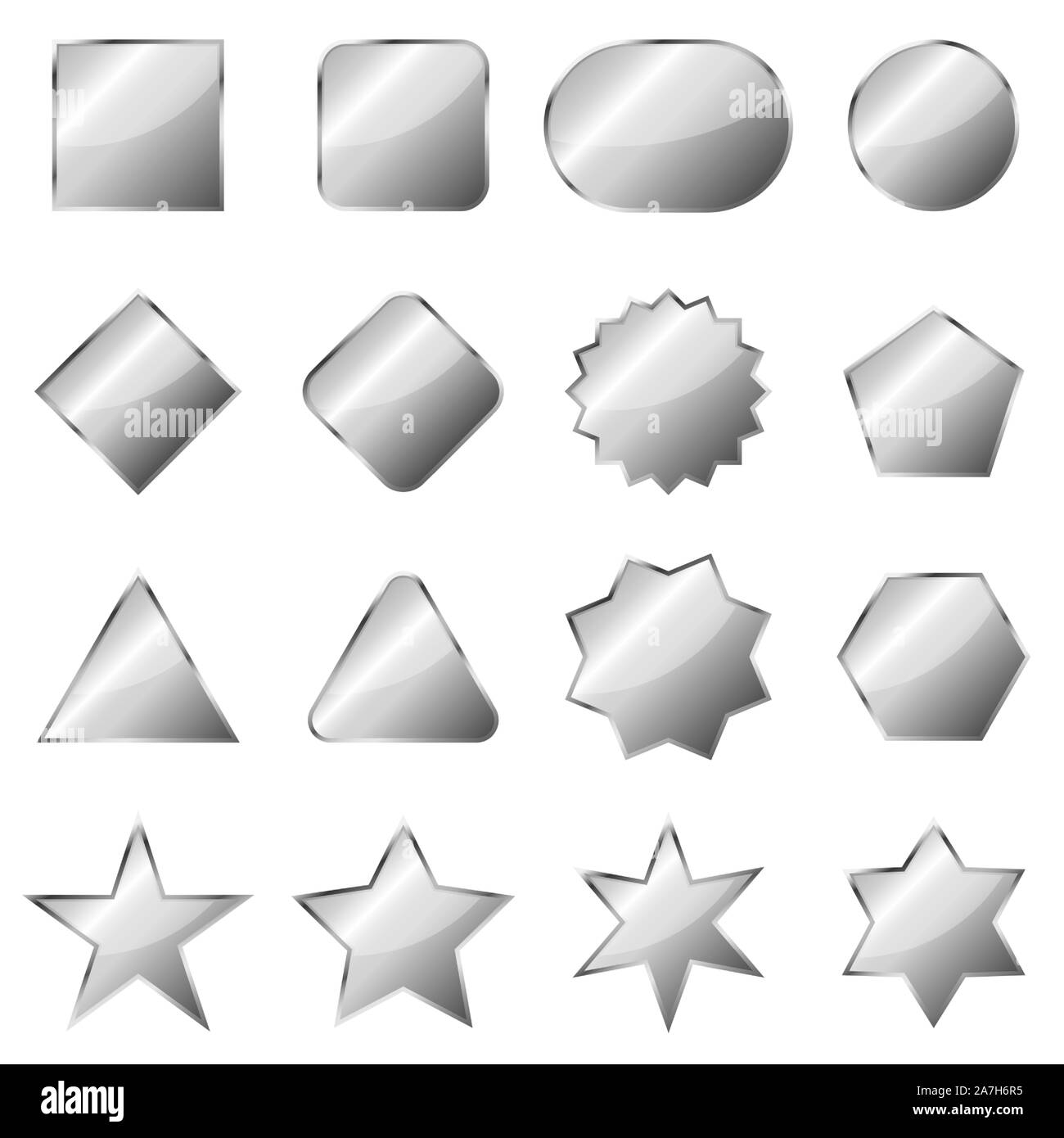 Set of silver banners isolated. Vector metal plates of different shapes. Glossy chrome buttons Stock Vector