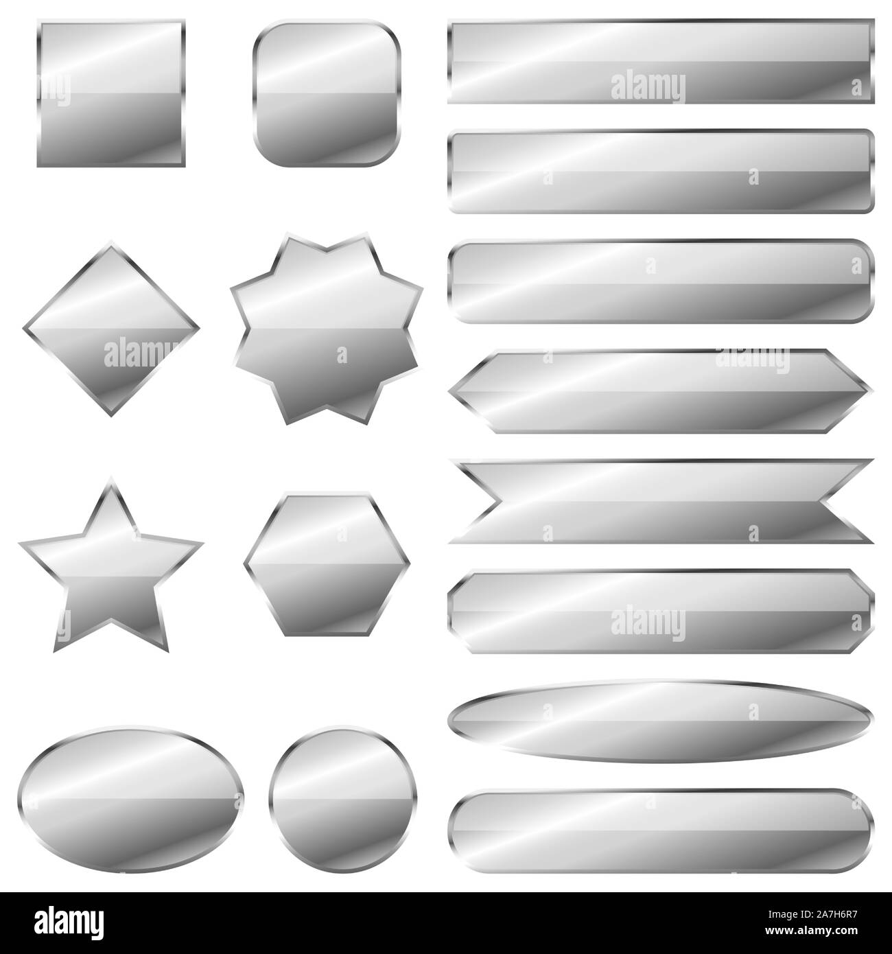 Set of silver banners isolated. Vector metal plates of different shapes. Glossy chrome buttons Stock Vector