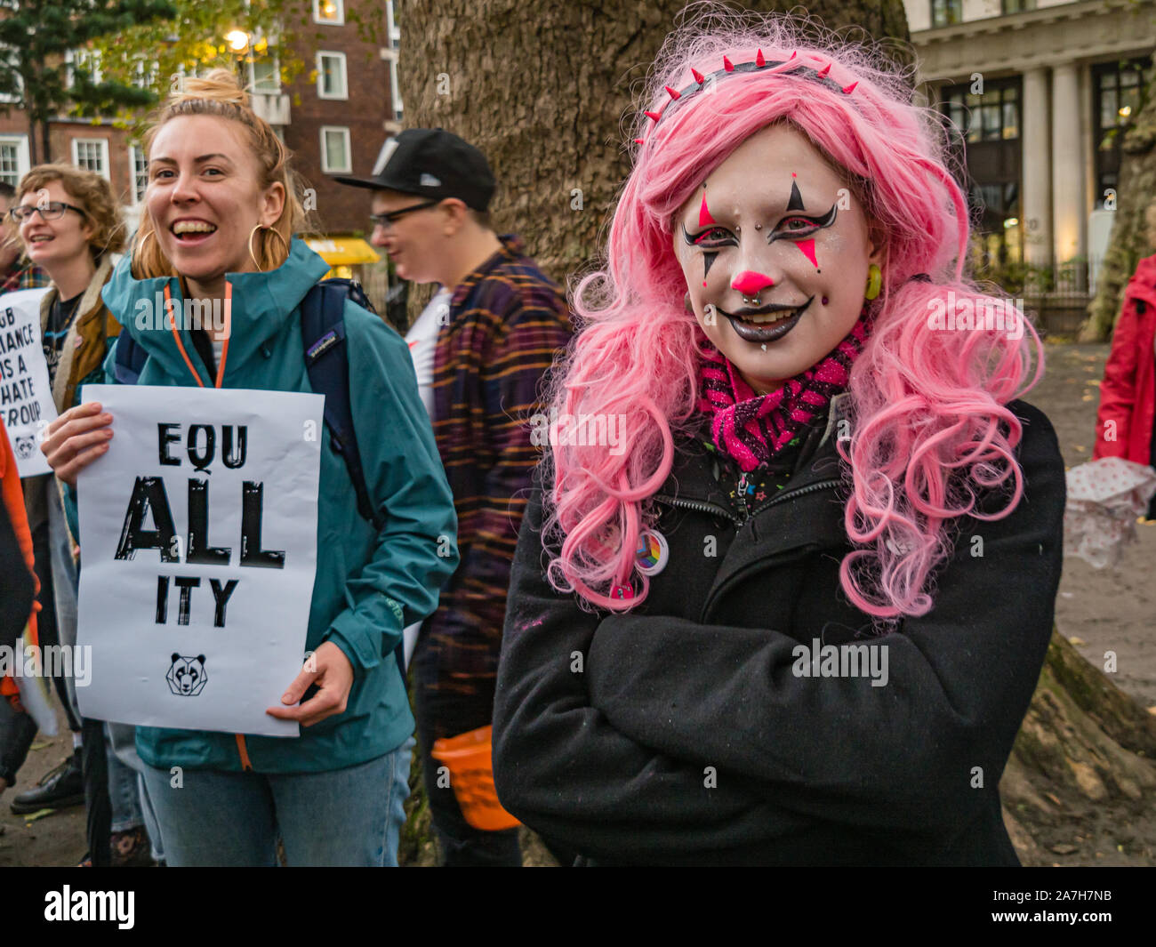 London, UK. 2nd November 2019. 'EquALLity'. A protest in Soho Square opposed the activities of a new hate group which promotes transphobia, calling itself the 'LGB Alliance', claiming it is protecting LGB people. The protest pointed out that trans and non-binary people have always been a part of the gay community and played an important part in the fight for gay rights and there is no place for such bi-phobic and gay-separist views in the gay community. Peter Marshall/Alamy Live News Stock Photo