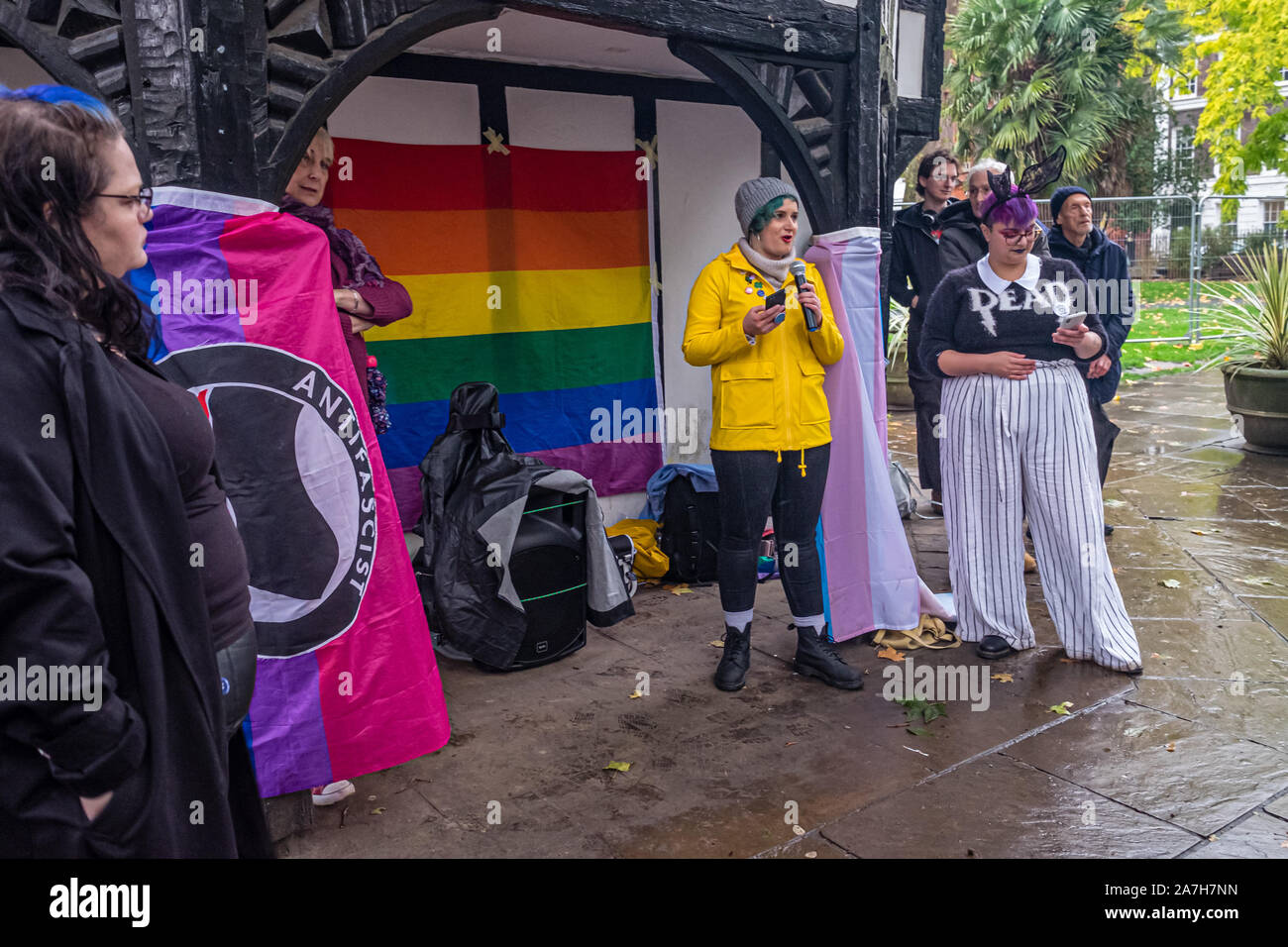 London, UK. 2nd November 2019. A protest in Soho Square opposed the activities of a new hate group which promotes transphobia, calling itself the 'LGB Alliance', claiming it is protecting LGB people. The protest pointed out that trans and non-binary people have always been a part of the gay community and played an important part in the fight for gay rights and there is no place for such bi-phobic and gay-separist views in the gay community. Peter Marshall/Alamy Live News Stock Photo