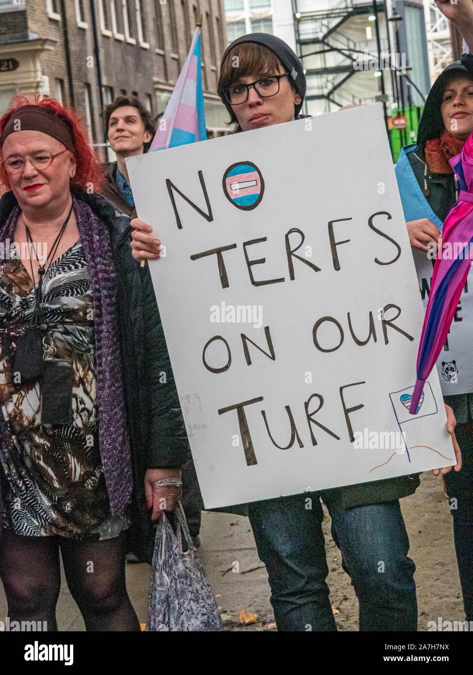 London, UK. 2nd November 2019. 'No TERFs on our Turf'. A protest in Soho Square opposed the activities of a new hate group which promotes transphobia, calling itself the 'LGB Alliance', claiming it is protecting LGB people. The protest pointed out that trans and non-binary people have always been a part of the gay community and played an important part in the fight for gay rights and there is no place for such bi-phobic and gay-separist views in the gay community. Peter Marshall/Alamy Live News Stock Photo