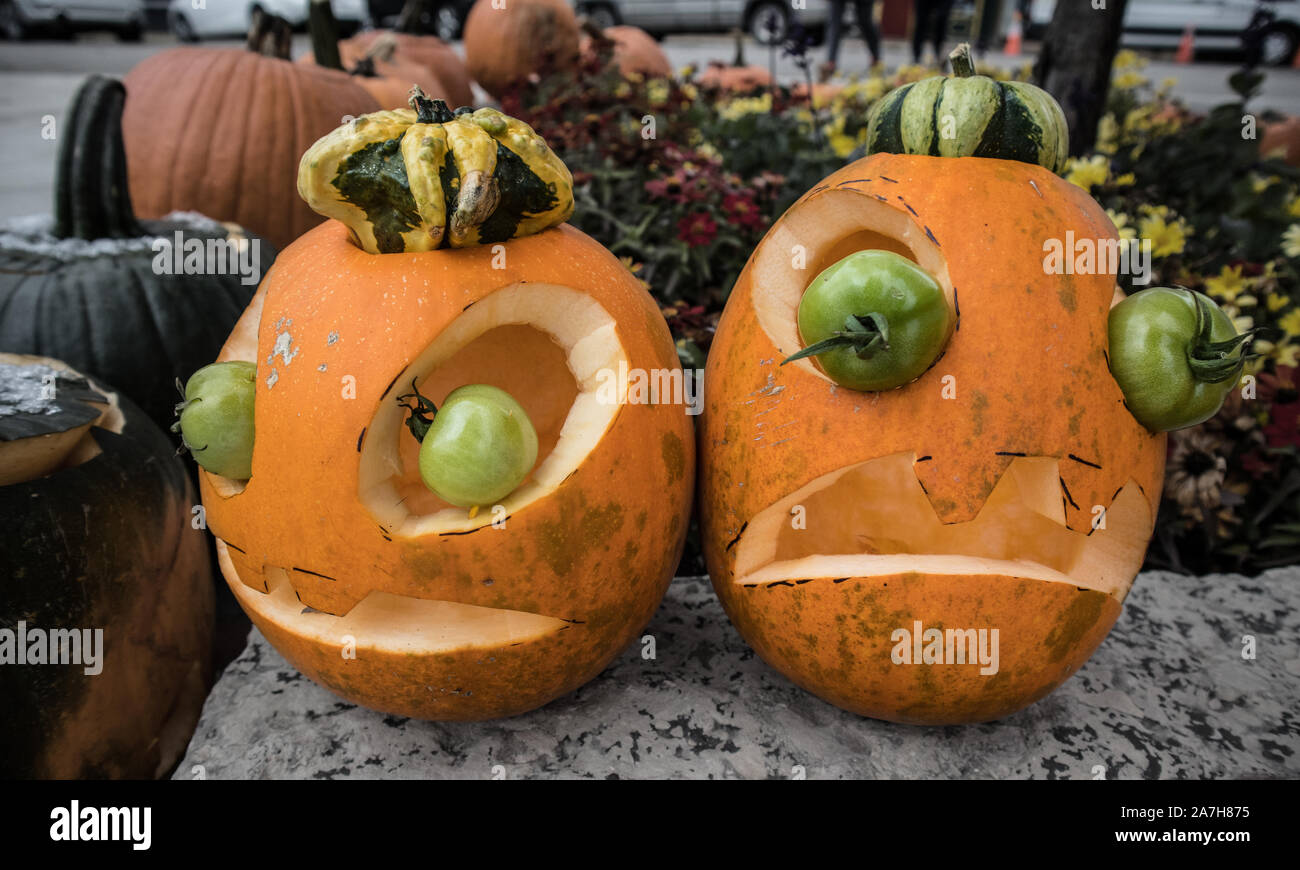 Two funny Halloween pumpkins that have green tomatoes instead of eyes .. Stock Photo