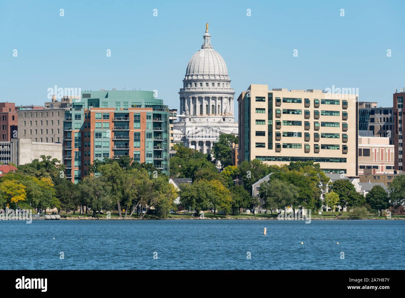 Wisconsin State Capitol Building from Lake Monona in Madison, Wisconsin Stock Photo