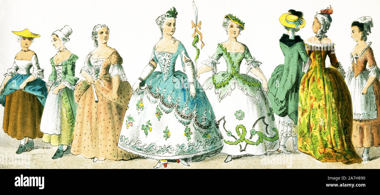 Shown here are French women between 1750 and 1800.They are from left to right, top to bottom: TOP: tradeswoman, country woman, lady of rank in 1755; two costumes of balls and masks; three walking and house dresses in 1770; BOTTOM: four ladies of rank, two ladies in 1785, and a lady in 1790.This illustration dates to 1882. Stock Photo