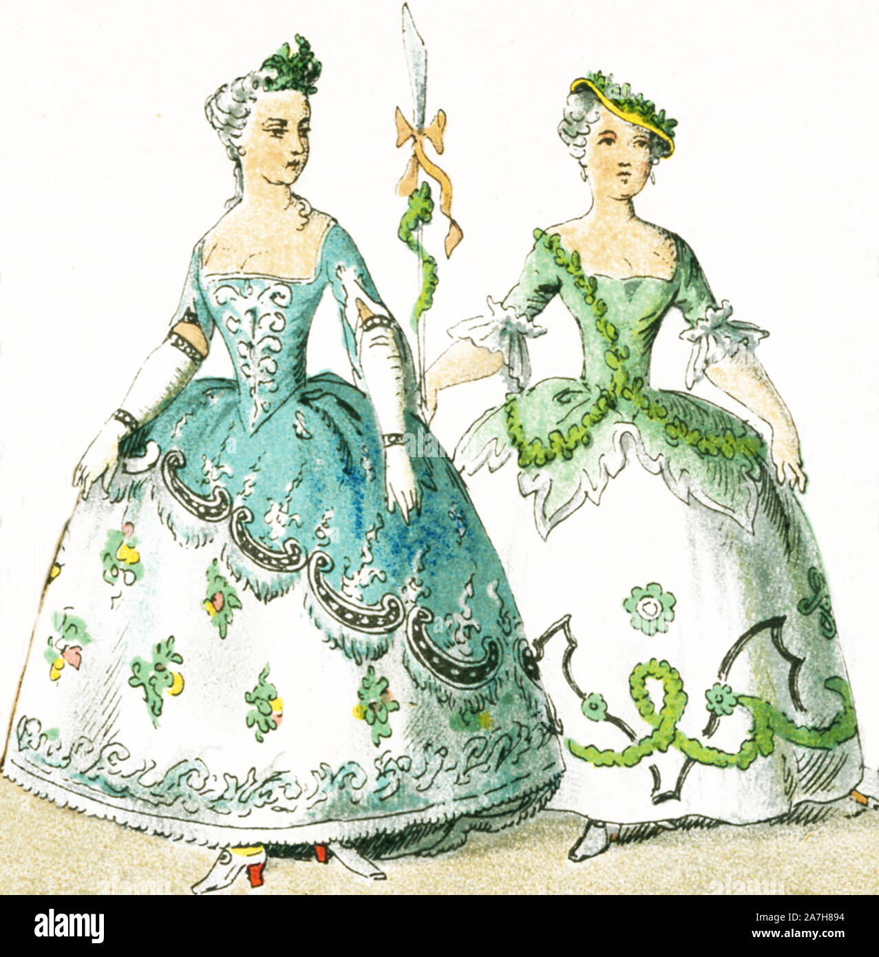 Shown here are two French women between 1750 and 1800. They are from left to right: two costumes of balls and masks. This illustration dates to 1882. Stock Photo