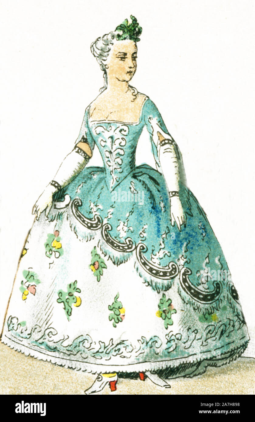Shown here is a French woman dressed in a costume for a ball between 1750 and 1800. This illustration dates to 1882. Stock Photo