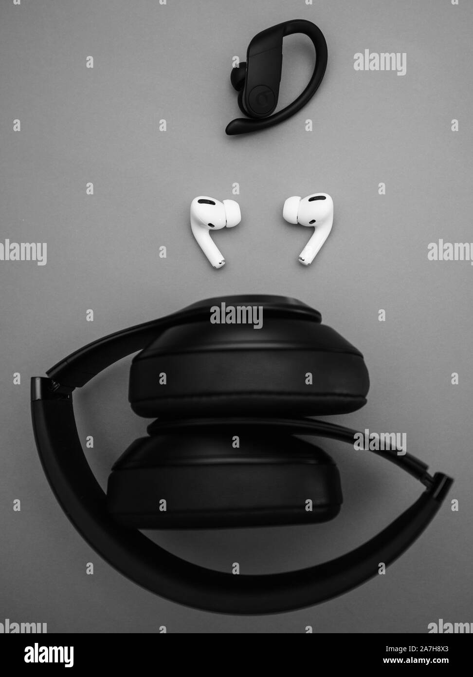 Paris, France - Oct 30, 2019: View from above of New Apple Computers AirPods Pro headphones with Active Noise Cancellation for immersive sound with Po Stock Photo