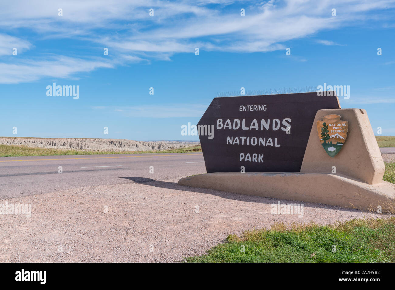 Wall, SD - September 24, 2019: Badlands National Park Entrance Sign at the Pinnacles Entrance Station Stock Photo
