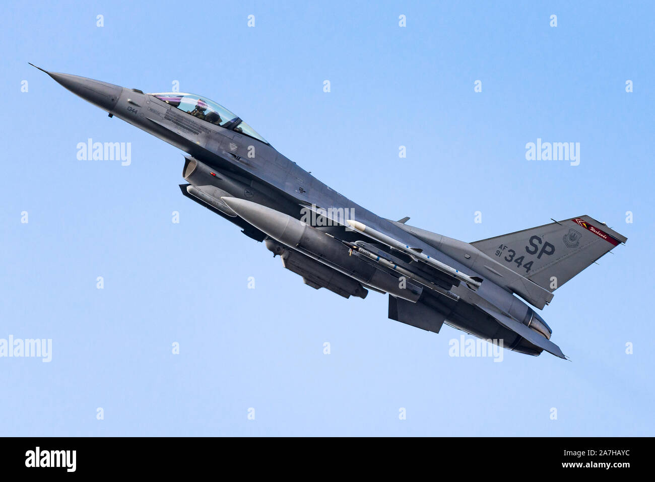 A F-16 Fighting Falcon fighter jet from the 480th Fighter Squadron at the Spangdahlem Air Base in Germany. Stock Photo