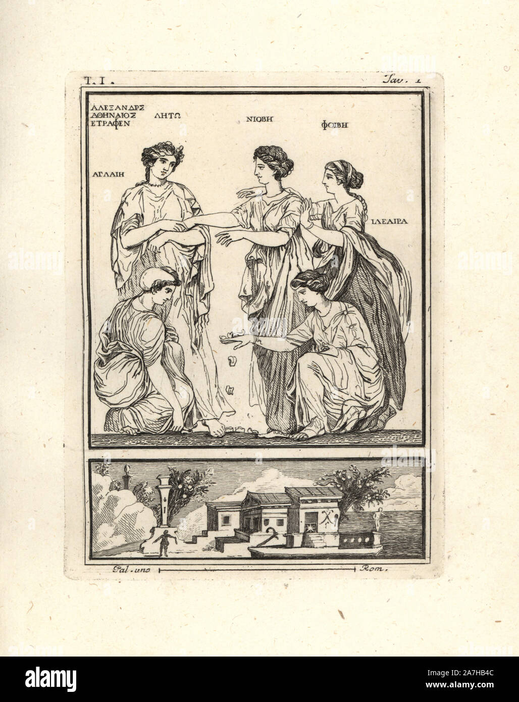 The Roman goddesses Latona, Niobe, Phoebe, Aglaia (the youngest of the three Graces) and Hileaera, the latter two playing a game of  astragali or knucklebones. Painting on marble by Alexander the Athenian discovered in Resina in May 1786. Copperplate engraved by Tommaso Piroli from his own 'Antichita di Ercolano' (Antiquities of Herculaneum), Rome, 1789.  Italian artist and engraver Piroli (1752-1824) published six volumes between 1789 and 1807 documenting the murals and bronzes found in Heraculaneum and Pompeii. Stock Photo