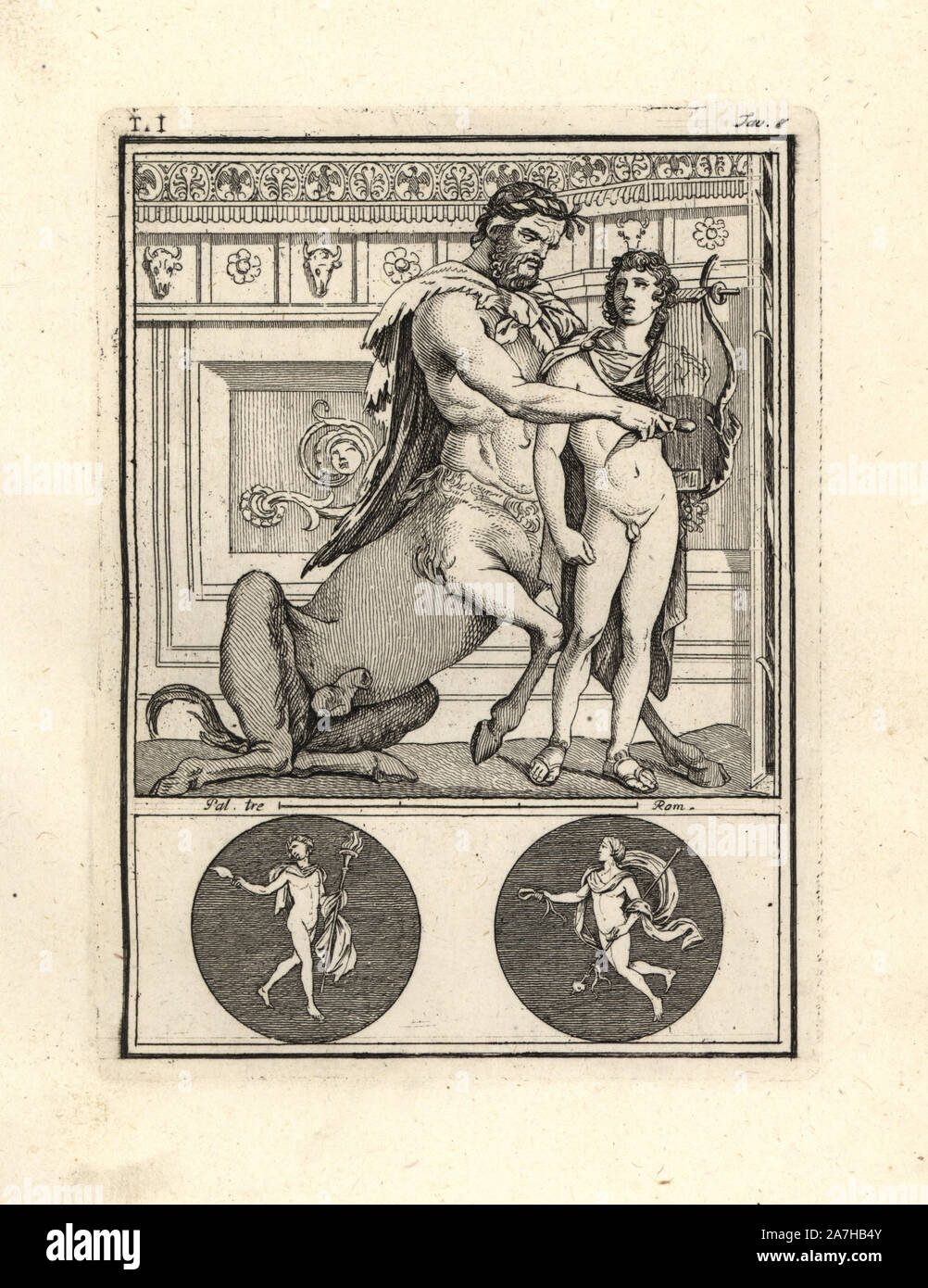 The centaur Chiron, wearing an animal skin and a wreath of flowers (Centaurus?), teaching the boy Achilles to play the Cetera or lyre. Below are two vignettes of ministers of Bacchus, one with a torch and one with a ribbon and tyrse. Discovered in Resina in 1739. Copperplate engraved by Tommaso Piroli from his own 'Antichita di Ercolano' (Antiquities of Herculaneum), Rome, 1789.  Italian artist and engraver Piroli (1752-1824) published six volumes between 1789 and 1807 documenting the murals and bronzes found in Heraculaneum and Pompeii. Stock Photo