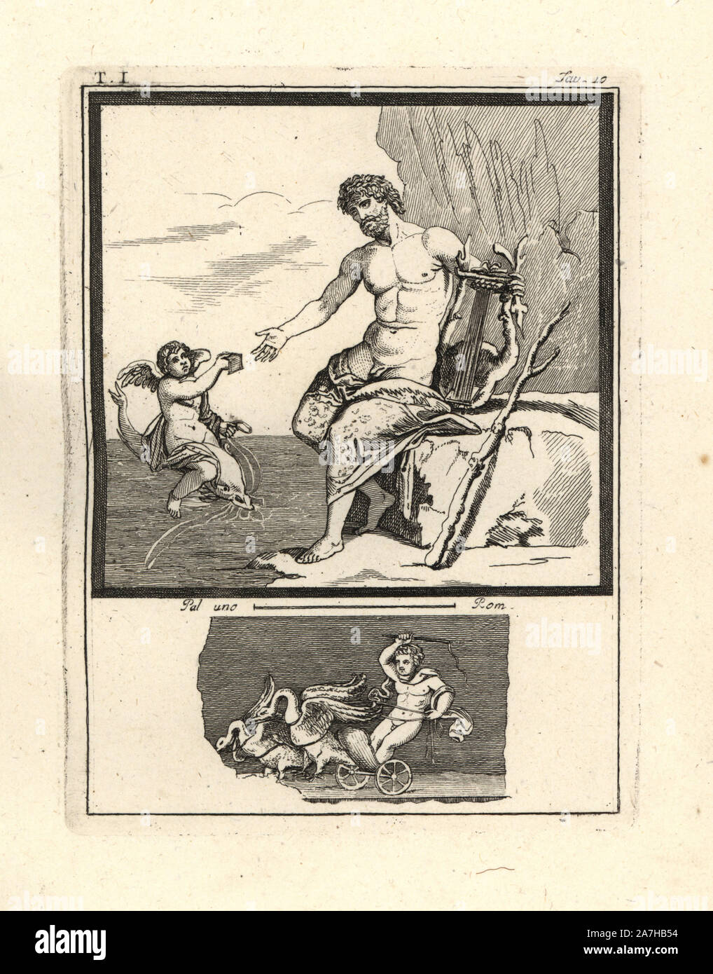 The Cyclops Polyphemus who fell in love with the nymph Galatea. He is shown with two eyes holding a lyre as he receives a message from Galatea brought by a Genius or cupid on a dolphin. The vignette below shows a cupid in a small carriage driven by swans. Copperplate engraved by Tommaso Piroli from his own 'Antichita di Ercolano' (Antiquities of Herculaneum), Rome, 1789.  Italian artist and engraver Piroli (1752-1824) published six volumes between 1789 and 1807 documenting the murals and bronzes found in Heraculaneum and Pompeii. Stock Photo