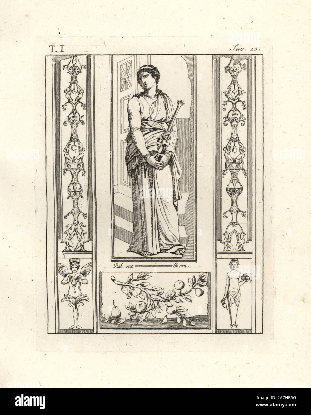 While some ancient authorities believe this to be a portrait of Dido as described by Virgil, modern opinion holds that this is Melpomene, the Muse of Tragedy, wearing Carthaginian costume, holding a sword in a strange sheath with a mushroom-shaped tip. Copperplate engraved by Tommaso Piroli from his own 'Antichita di Ercolano' (Antiquities of Herculaneum), Rome, 1789.  Italian artist and engraver Piroli (1752-1824) published six volumes between 1789 and 1807 documenting the murals and bronzes found in Heraculaneum and Pompeii. Stock Photo