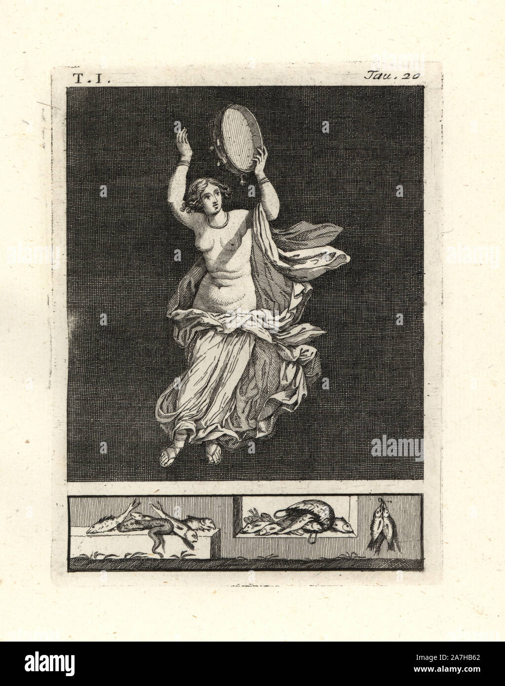 Painting removed from a wall of a room, possibly a triclinium or dining room, in a house in Pompeii in 1749. It shows a bacchant dancer striking a tympanum or tambourine with her hand. She wears a necklace and bracelets, and a fine robe in white lined with red, the colour of Bacchus. Copperplate engraved by Tommaso Piroli from his own "Antichita di Ercolano" (Antiquities of Herculaneum), Rome, 1789.  Italian artist and engraver Piroli (1752-1824) published six volumes between 1789 and 1807 documenting the murals and bronzes found in Heraculaneum and Pompeii. Stock Photo