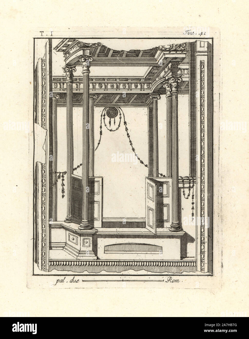 Wall painting excavated in Resina showing a portal, with candelabra-shaped columns, chest-high walls or plutei, cornices and portico. The tympanum or shield decorated with a garland could indicate that it is a temple portal. Copperplate engraved by Tommaso Piroli from his own 'Antichita di Ercolano' (Antiquities of Herculaneum), Rome, 1789.  Italian artist and engraver Piroli (1752-1824) published six volumes between 1789 and 1807 documenting the murals and bronzes found in Heraculaneum and Pompeii. Stock Photo