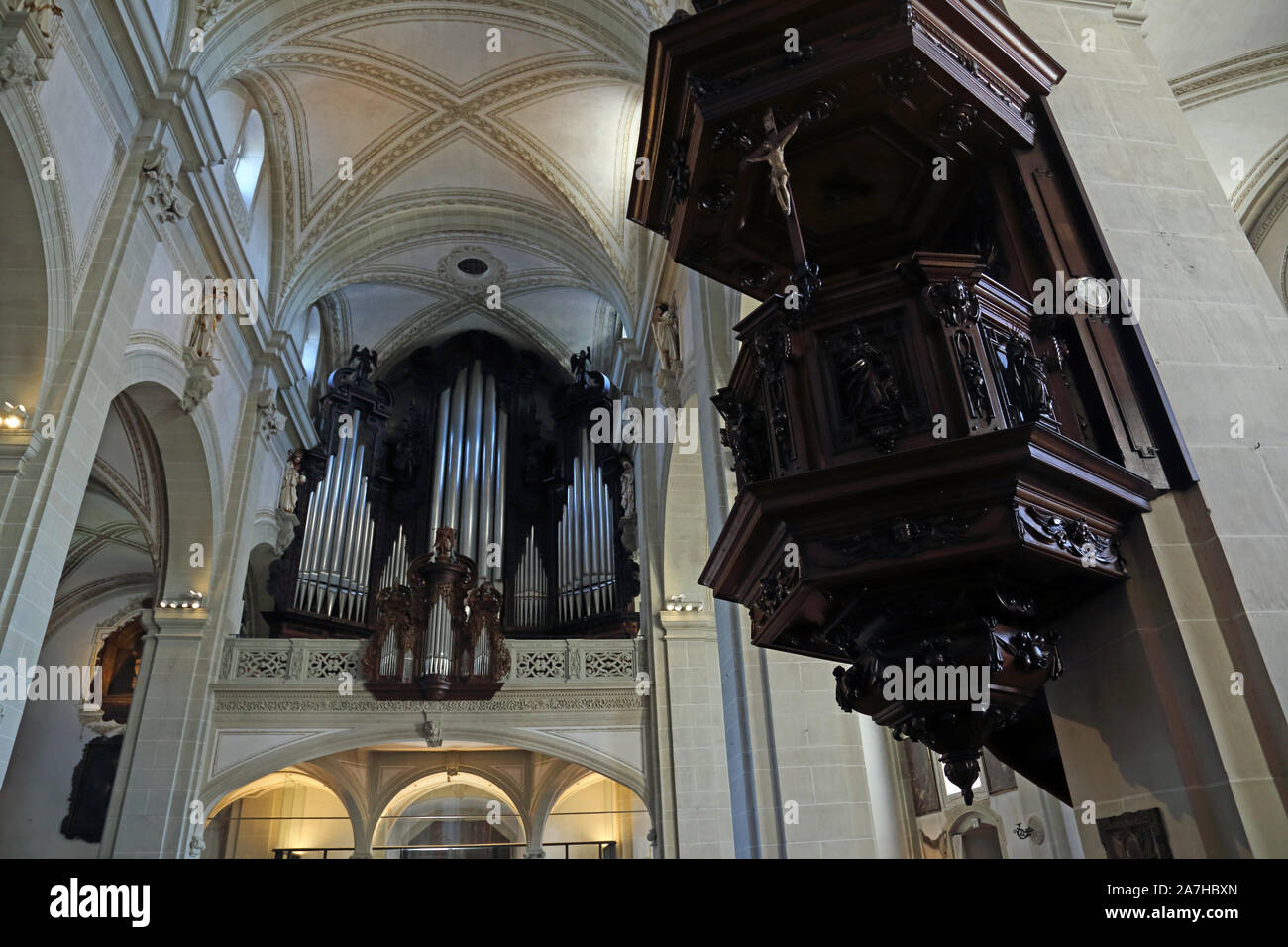 The pipe organ in the Church of St. Leodegar, located in Lucerne, Switzerland. Stock Photo