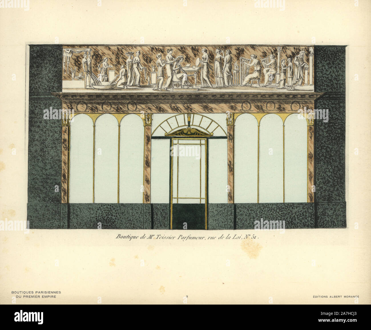 Shopfront to Teissier's Perfumery, 51 rue de la Loi, Paris, circa 1800. Handcoloured lithograph from Hector-Martin Lefuel's 'Boutiques Parisiennes du Premier Empire,' (Parisian Stores of the First Empire), Paris, Albert Morance, 1925. The lithographs were reproduced from watercolors by the French architect Hector-Martin Lefuel (1810-1880), famous for his work on the completion of the Louvre and Fontainebleau. Stock Photo