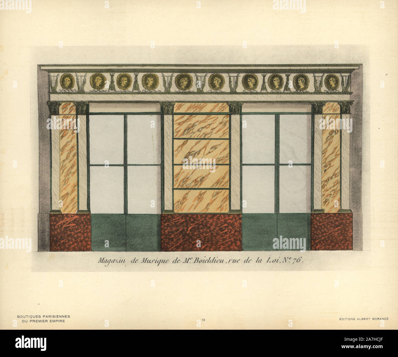 Shopfront of Monsieur Boieldieu's music store, 76 rue de la Loi, Paris, circa 1800. Handcoloured lithograph from Hector-Martin Lefuel's 'Boutiques Parisiennes du Premier Empire,' (Parisian Stores of the First Empire), Paris, Albert Morance, 1925. The lithographs were reproduced from watercolors by the French architect Hector-Martin Lefuel (1810-1880), famous for his work on the completion of the Louvre and Fontainebleau. Stock Photo