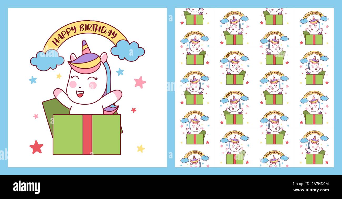 Happy Birthday Happy Unicorn Gift Vector Illustration and cute pattern ...
