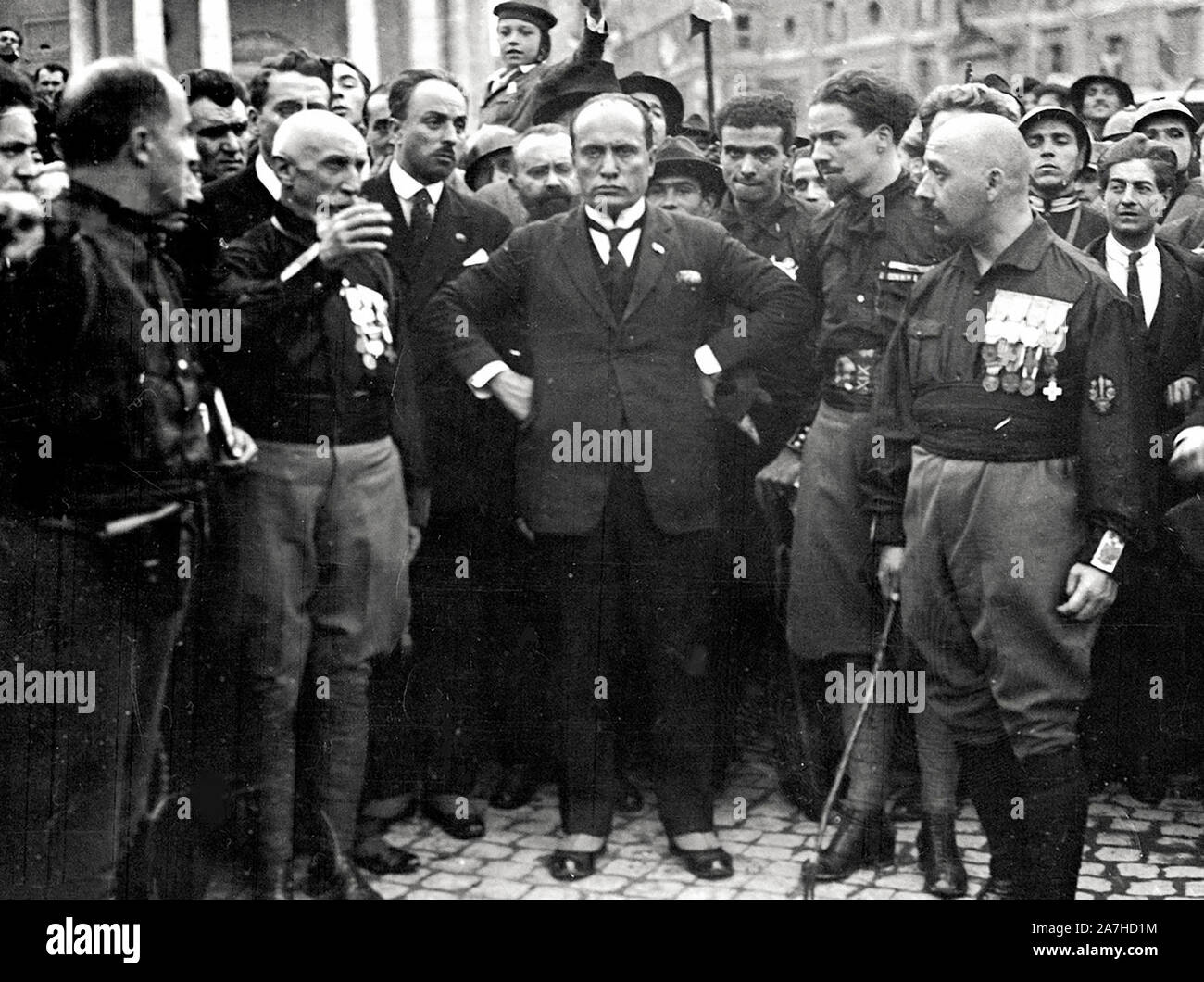 Benito Mussolini, during the march on Rome, with some of the quadruphires: from the left Emilio De Bono, Italo Balbo and Cesare Maria De Vecchi. 28 October 1922 Stock Photo