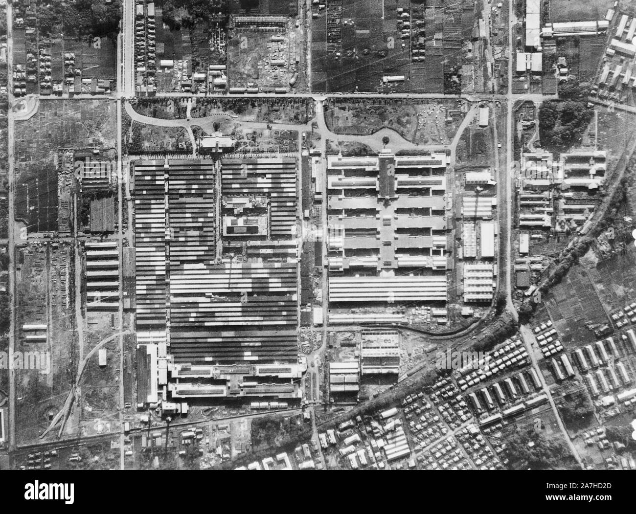 Aerial photo of Nakajima Aircraft Engine Plant, Musashino (Tokyo area), for bombing by U.S. 20th Air Force operations. 1945 Stock Photo