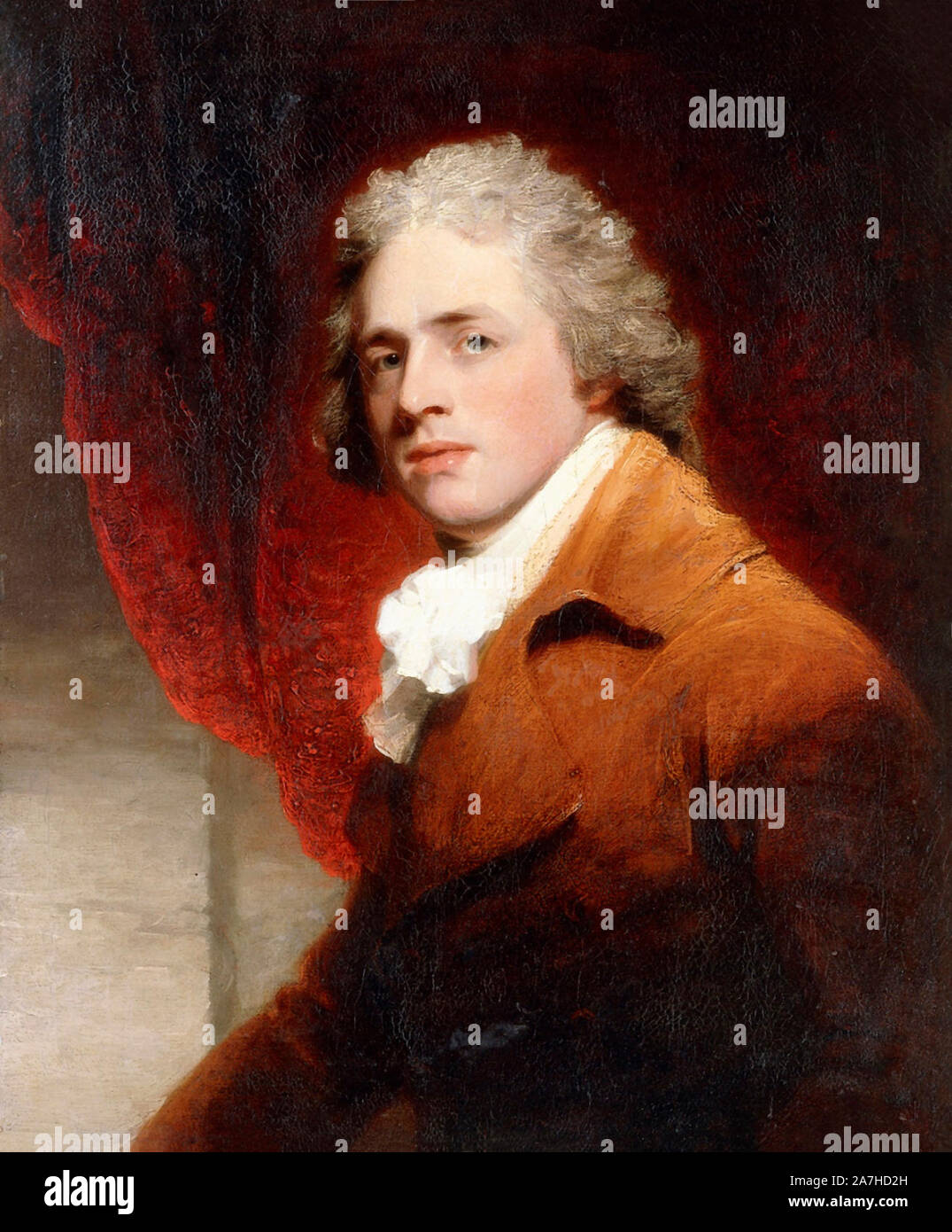 Portrait of a Gentleman, Half-Length, in a Brown and White Stock, a Red Curtain Behind - John Hoppner.   The sitter has traditionally been identified as Richard Brinsley Sheridan (1751-1816) Stock Photo