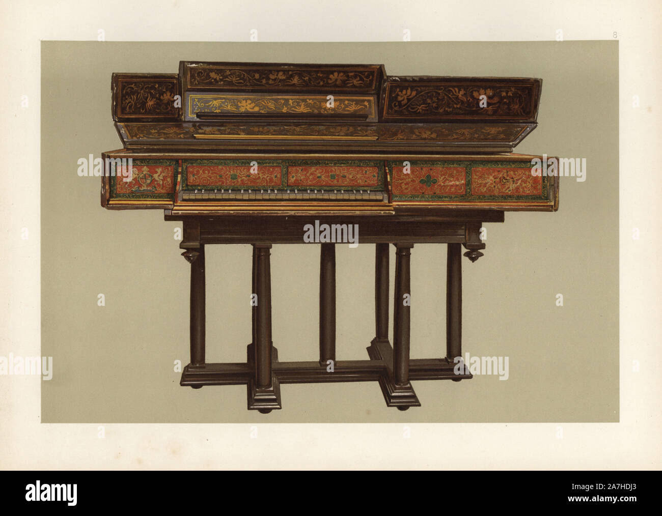 Queen Elizabeth I's virginal, made in Italy circa 1570. Chromolithograph from an illustration by William Gibb from A.J. Hipkins' 'Musical Instruments, Historic, Rare and Unique,' Adam and Charles Black, Edinburgh, 1888. Alfred James Hipkins (1826-1903) was an English musicologist who specialized in the history of the pianoforte and other instruments. William Gibb was a master illustrator and chromolithographer and illustrated 'The Royal House of Stuart' (1890), 'Naval and Military Trophies' (1896), and others. Stock Photo