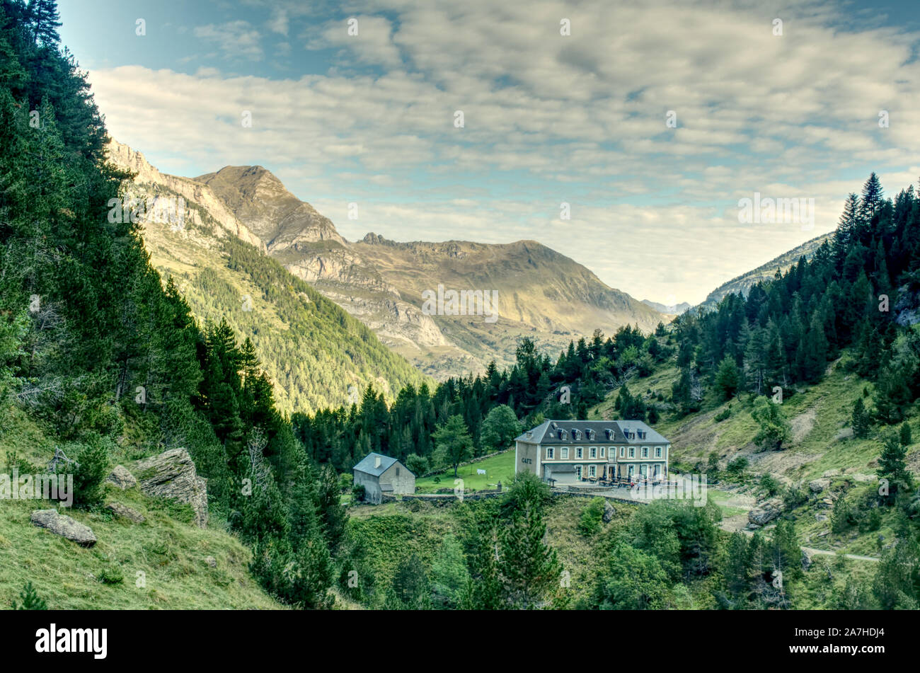 The Hotel du Cirque and the valley beyond from the Cirque de Gavarnie Stock Photo