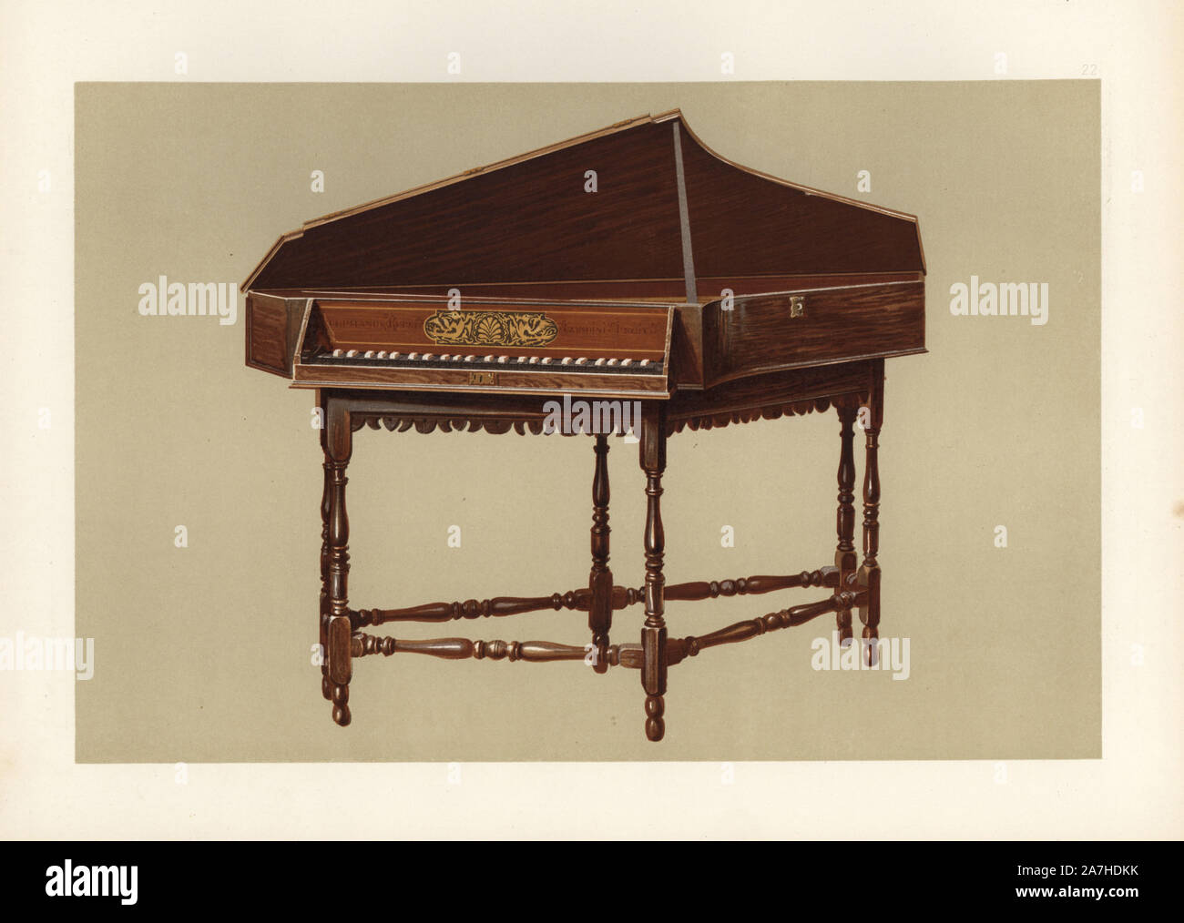 A transverse spinet with six legs made in London by Stephen Keene at the end of the 17th century. Keene was a well-known maker of 'harpsycons and virginals' from at least 1671 to 1719.  Chromolithograph from an illustration by William Gibb from A.J. Hipkins' 'Musical Instruments, Historic, Rare and Unique,' Adam and Charles Black, Edinburgh, 1888. Alfred James Hipkins (1826-1903) was an English musicologist who specialized in the history of the pianoforte and other instruments. William Gibb was a master illustrator and chromolithographer and illustrated 'The Royal House of Stuart' (1890), 'Nav Stock Photo