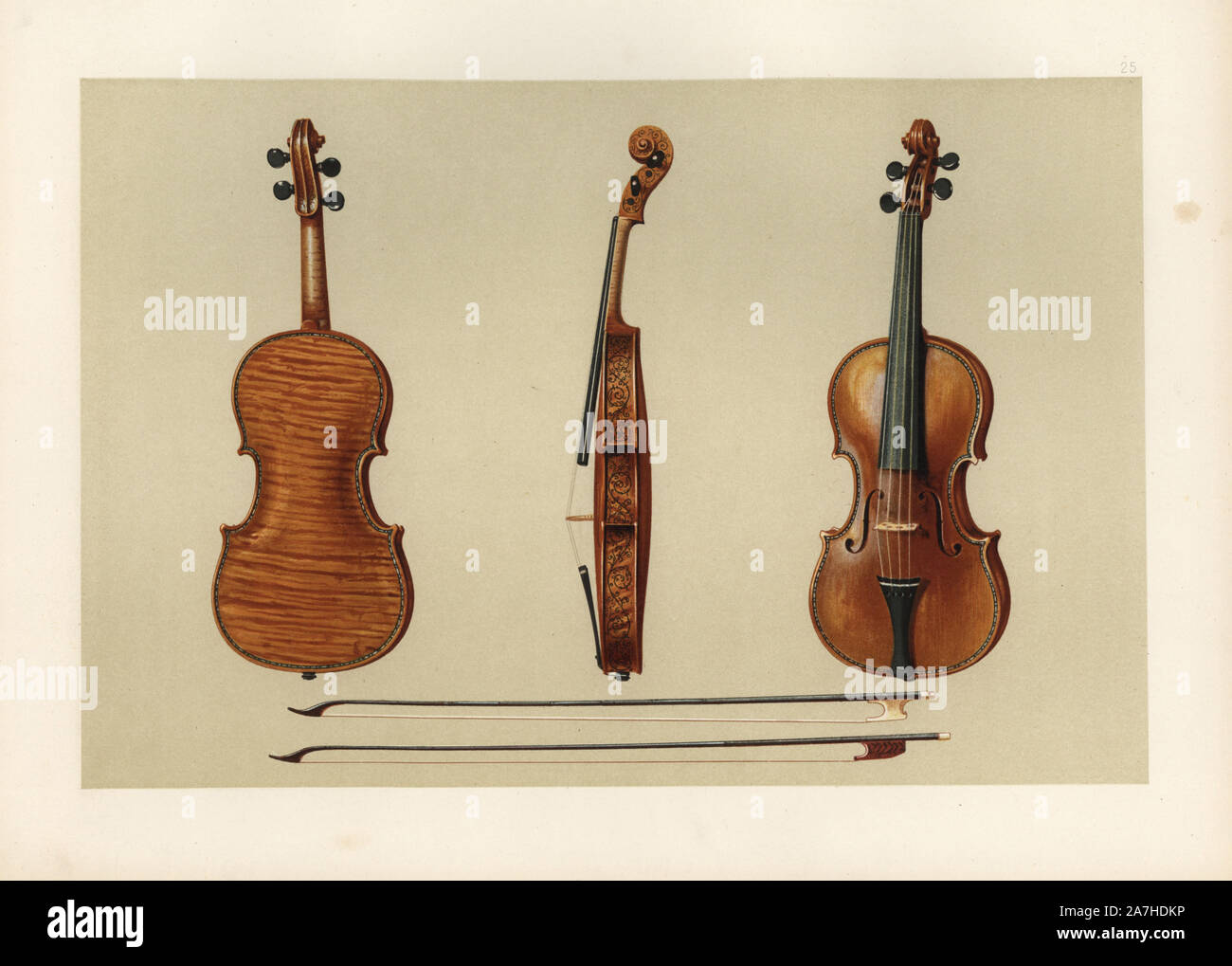 The violin bought by Sir Samuel Hellier in 1679 from the maker Antonius Stradivarius himself. Two old bows noted for their fluting beneath. Chromolithograph from an illustration by William Gibb from A.J. Hipkins' 'Musical Instruments, Historic, Rare and Unique,' Adam and Charles Black, Edinburgh, 1888. Alfred James Hipkins (1826-1903) was an English musicologist who specialized in the history of the pianoforte and other instruments. William Gibb was a master illustrator and chromolithographer and illustrated 'The Royal House of Stuart' (1890), 'Naval and Military Trophies' (1896), and others. Stock Photo